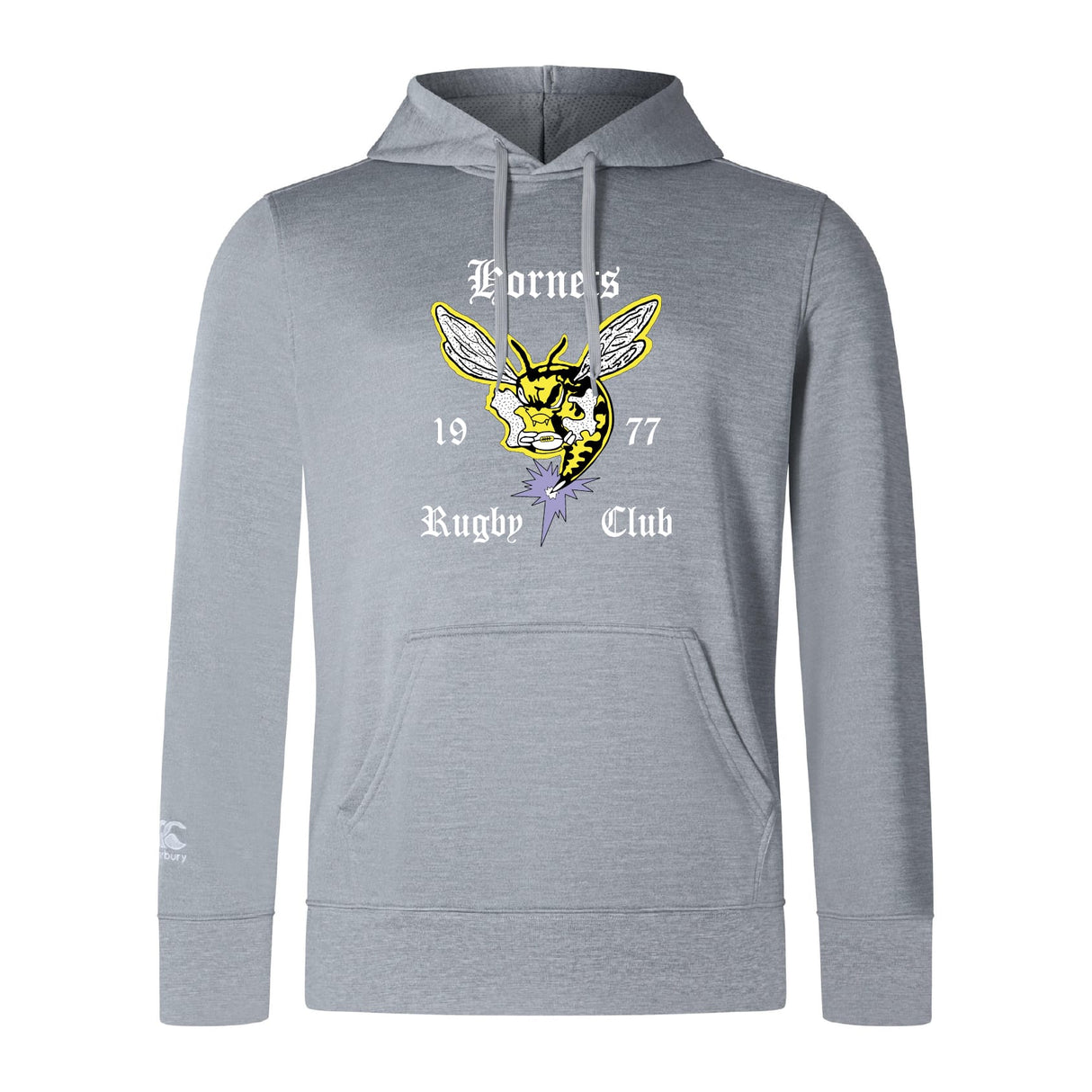 The Hornets Rugby Club Lightweight Hoodie by WRS Canterbury features a gray design, bold yellow and black hornet graphic, “Fornes Rugby Club 1977” text, a small left sleeve logo, and a classic kangaroo pocket for convenience.