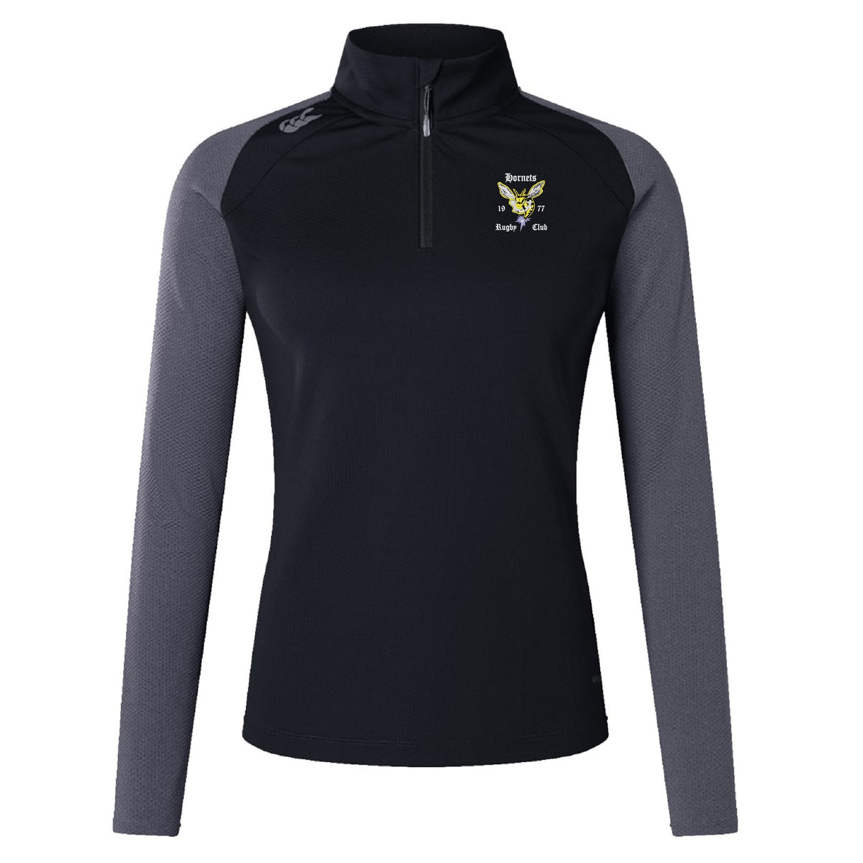 Black and grey long-sleeve Hornets Rugby Club Women's Elite First Layer by Canterbury with moisture-wicking VapoDri, embroidered club logo on left chest, and EMB Canterbury logo on right shoulder.