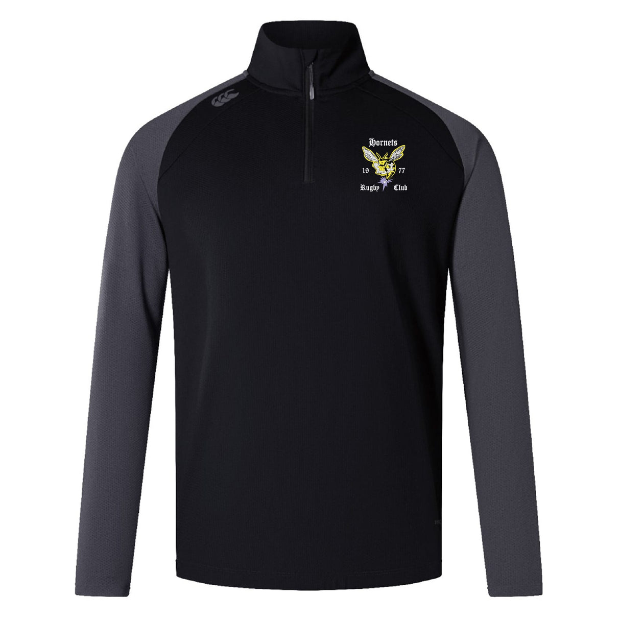 The EMB Canterbury Hornets Rugby Club Elite First Layer is a black/dark gray long-sleeve quarter-zip top with VapoDri technology and a yellow and white embroidered club logo on the left chest.
