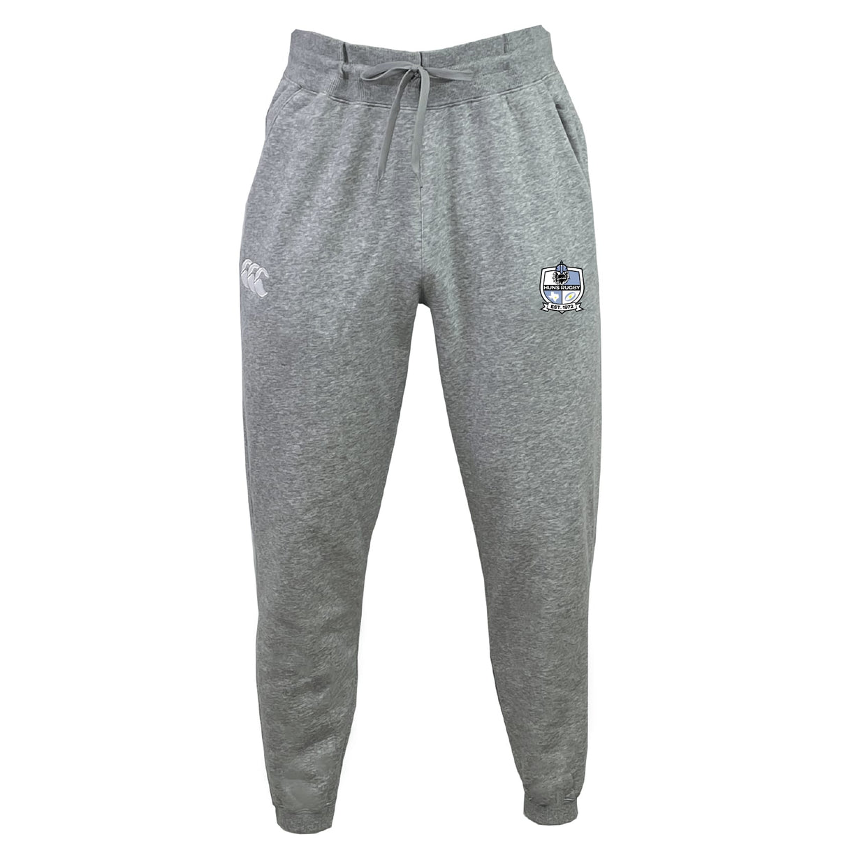 The Austin Huns Rugby Leisure Sweatpant by EMB Canterbury features a gray design with a drawstring waist, tapered legs, a white logo on the left thigh, and a crest with text on the right thigh.