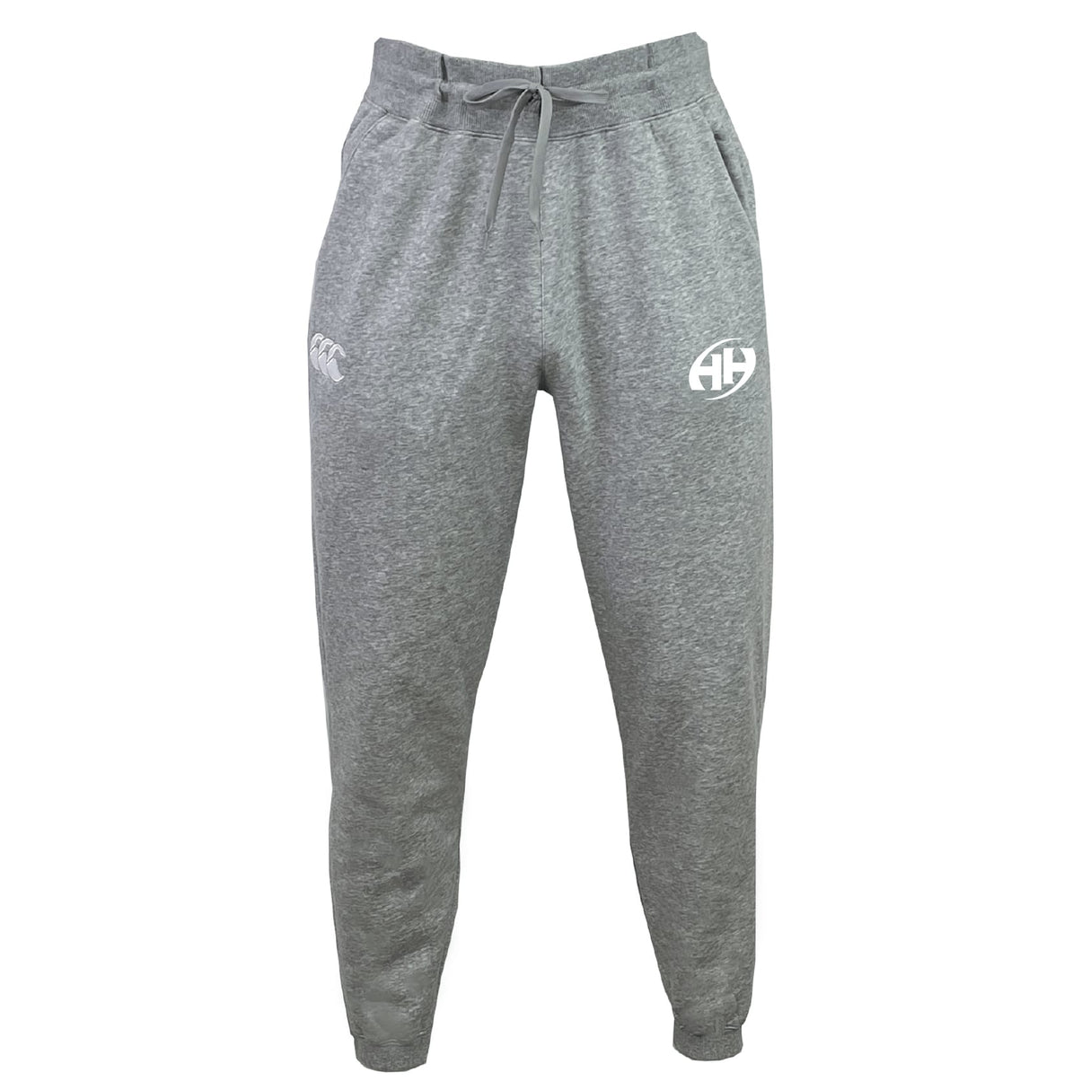The Clarksville Headhunters Leisure Sweatpant by EMB Canterbury features gray recycled polyester fleece and organic cotton, an elastic waistband with drawstring, and two white logos on the front thighs, shown against a white background.