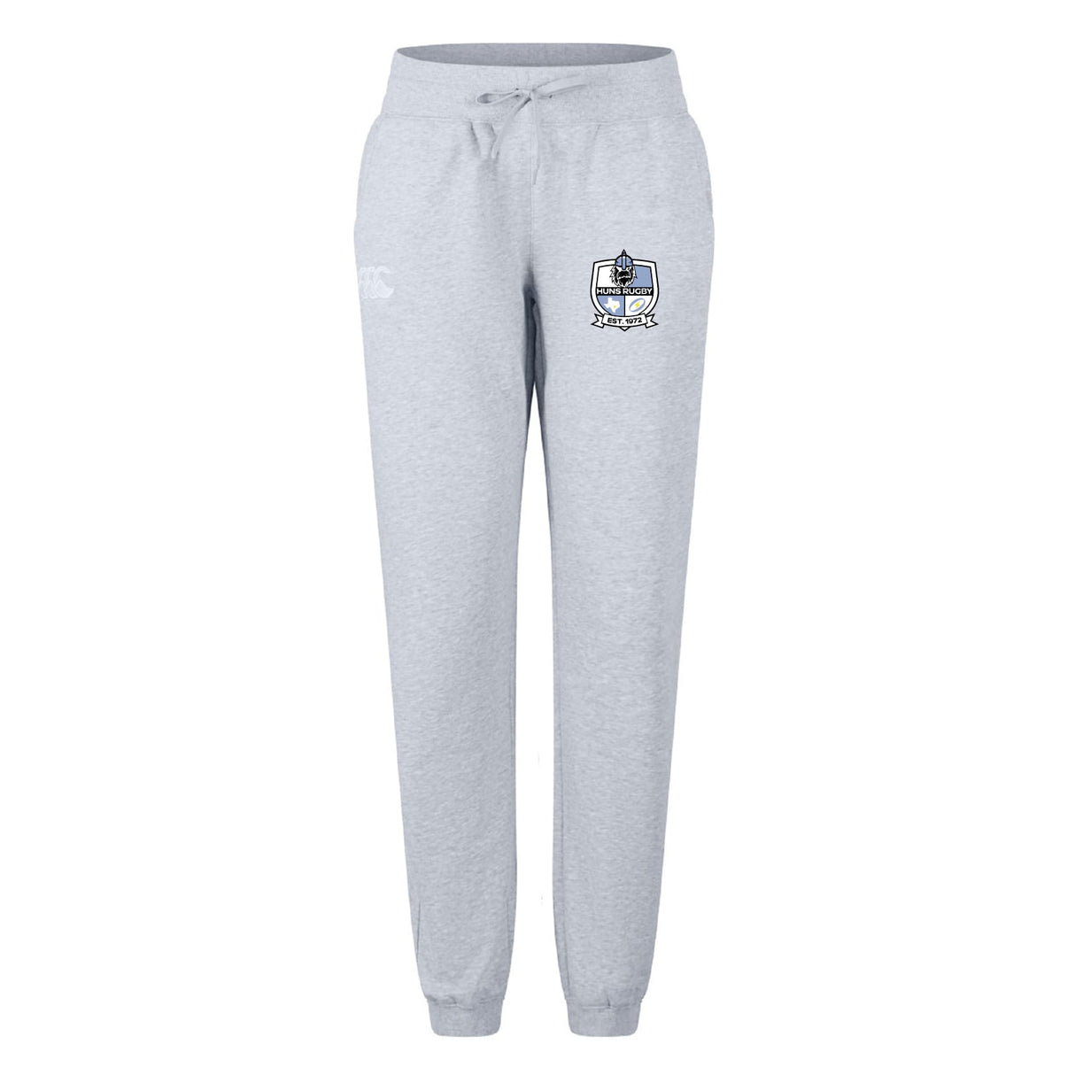 The Austin Huns Rugby Women's Leisure Sweatpant by EMB Canterbury features light gray organic cotton, a drawstring waist, and a Canterbury logo crest on the right thigh.
