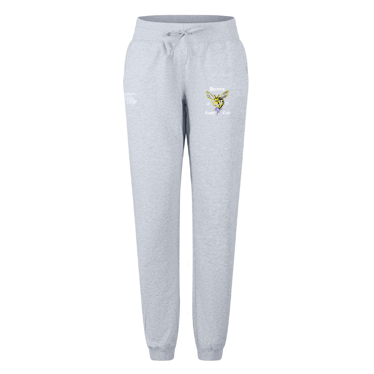 The Hornets Rugby Club Women's Leisure Sweatpant by EMB Canterbury features a light grey color, drawstring waist, cuffed ankles, and two subtle logos on the upper left leg, inspired by Canterbury rugby style.