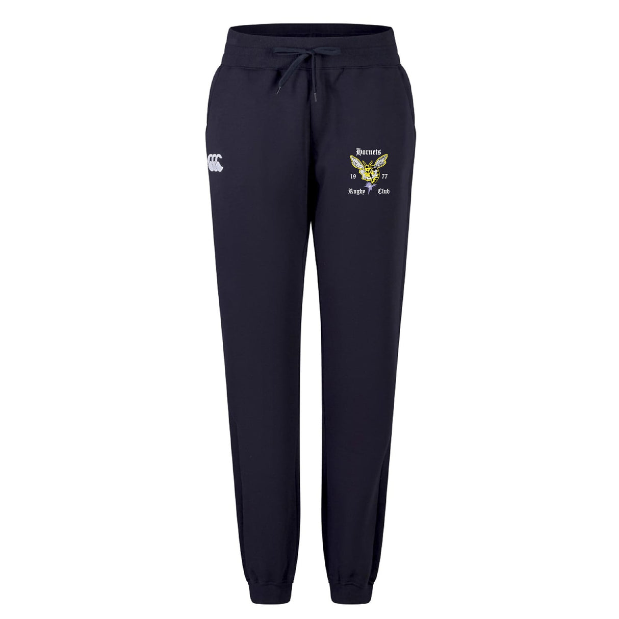 The Hornets Rugby Club Women's Leisure Sweatpant by EMB Canterbury features navy blue jogger design, drawstring waist, elastic cuffs, and embroidered thigh logos—crafted for comfort and inspired by Canterbury rugby apparel.