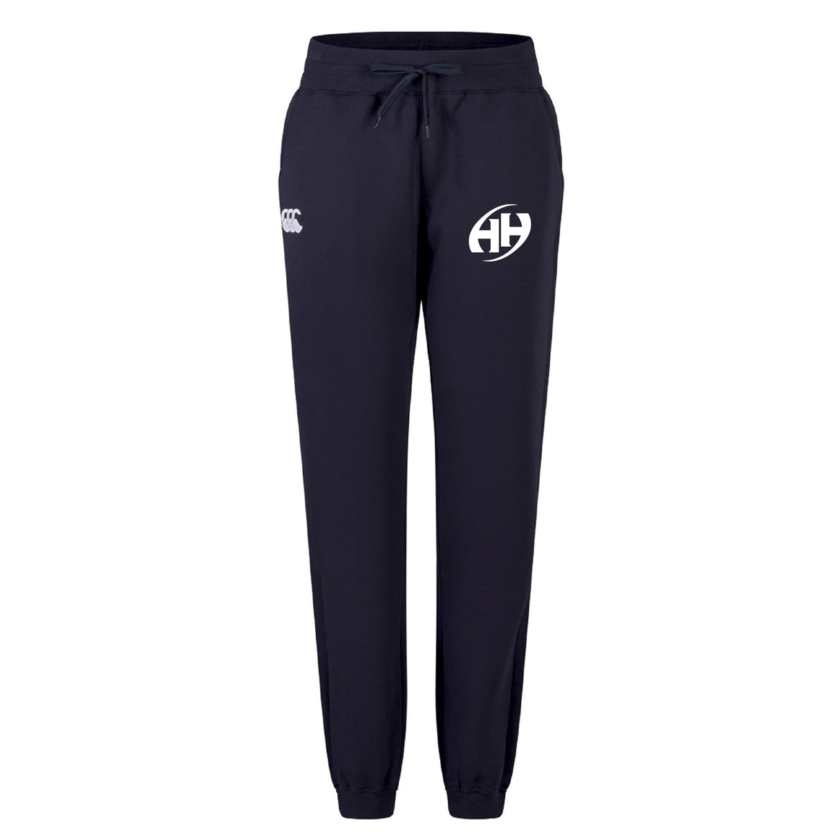 The Clarksville Headhunters Women's Leisure Sweatpant by EMB Canterbury features navy blue organic cotton, an elastic waistband, drawstring, and two white logos—ideal for stylish comfort.