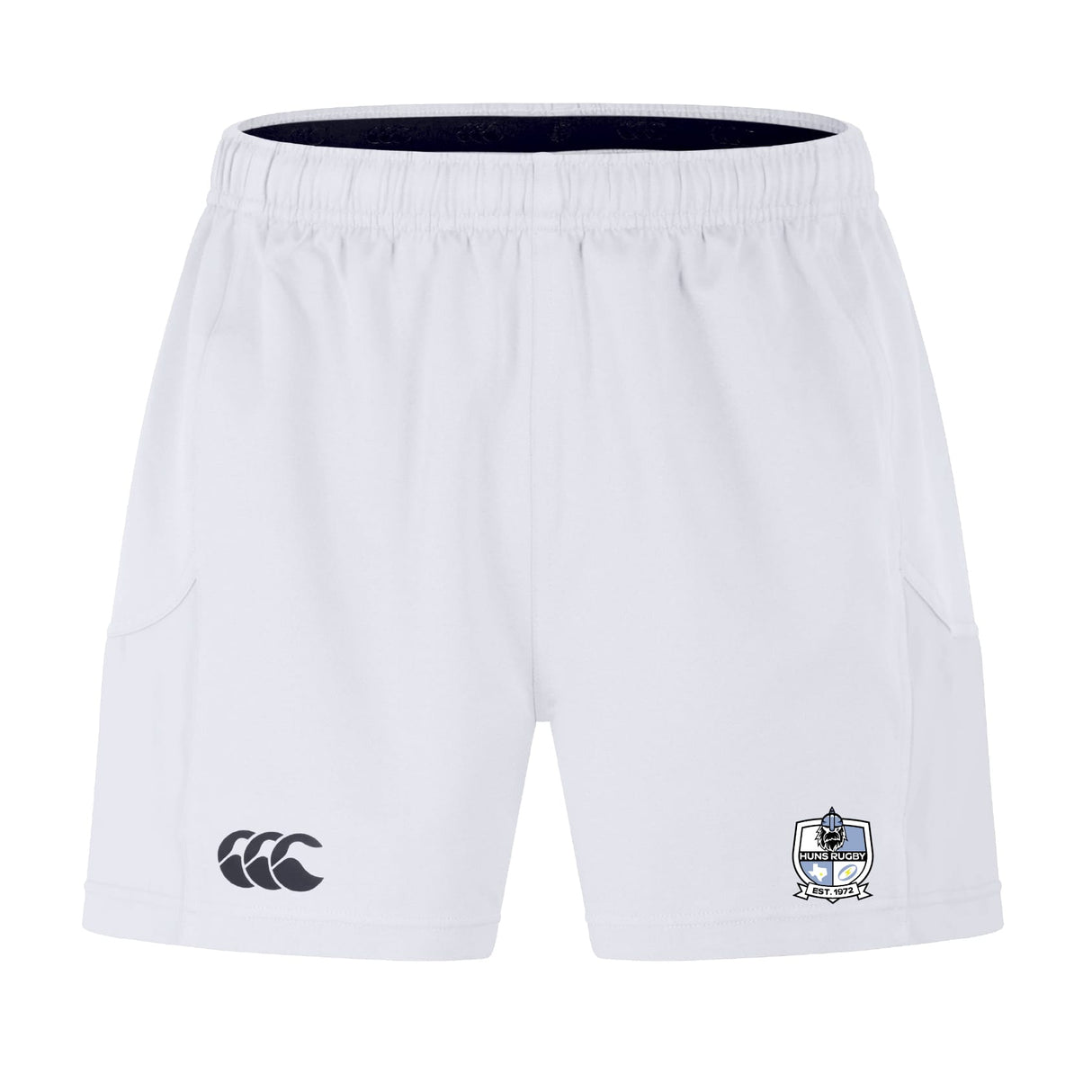 White performance training shorts with elastic waistband, featuring the EMB Canterbury logo on the left leg and an Austin Huns Rugby crest on the right, crafted as part of the Advantage Short 2.0 sustainable sportswear range.