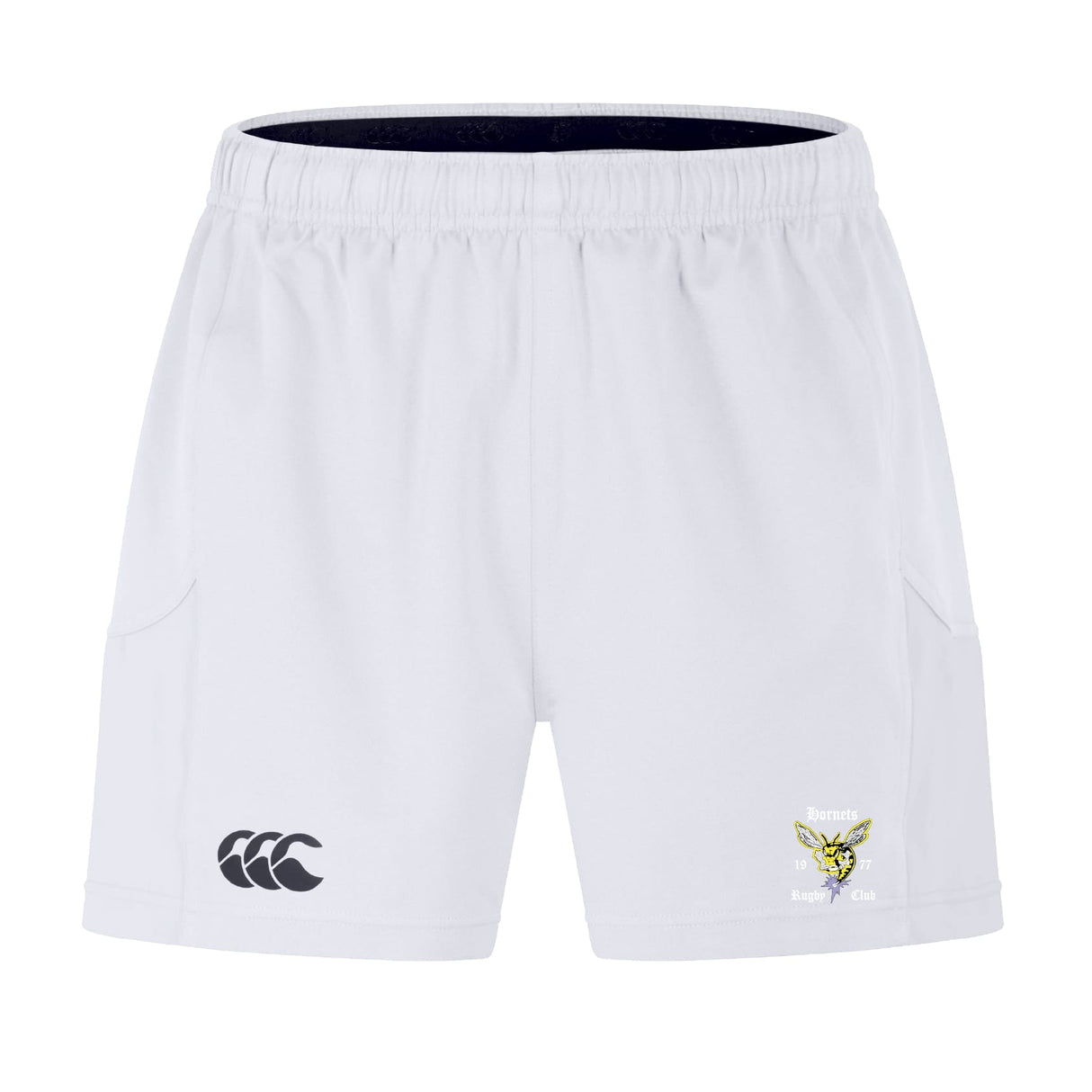 Hornets Rugby Club Advantage Short 2.0 by EMB Canterbury: white performance training shorts with side pockets, black CCC logo on the left leg, and Hornets Rugby Club crest on the right—ideal for sustainable sportswear fans.