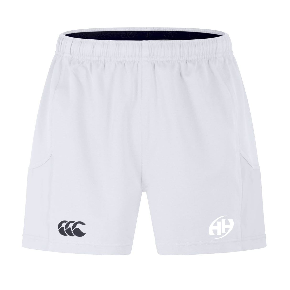 The Clarksville Headhunters Advantage Short 2.0 by EMB Canterbury features an elastic waistband, side pockets, dual front logos, and recycled content for sustainable style—perfect as a performance training short.