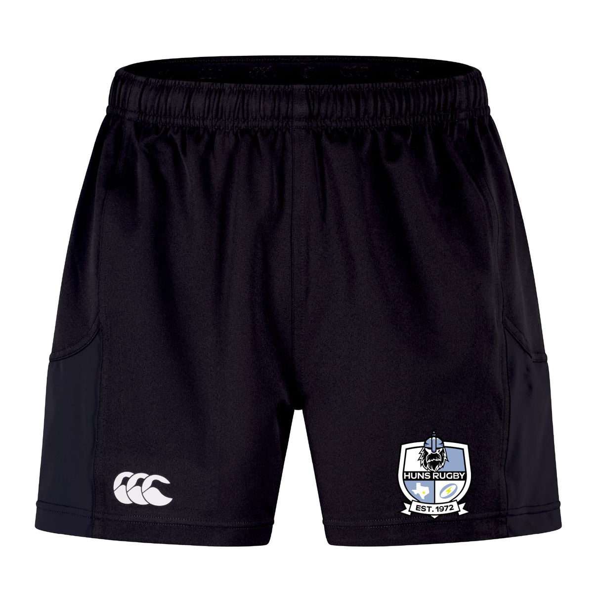 The Austin Huns Rugby Advantage Short 2.0 by EMB Canterbury features the Canterbury logo on the left and the Huns Rugby club crest on the right leg—crafted for sustainable sportswear enthusiasts.