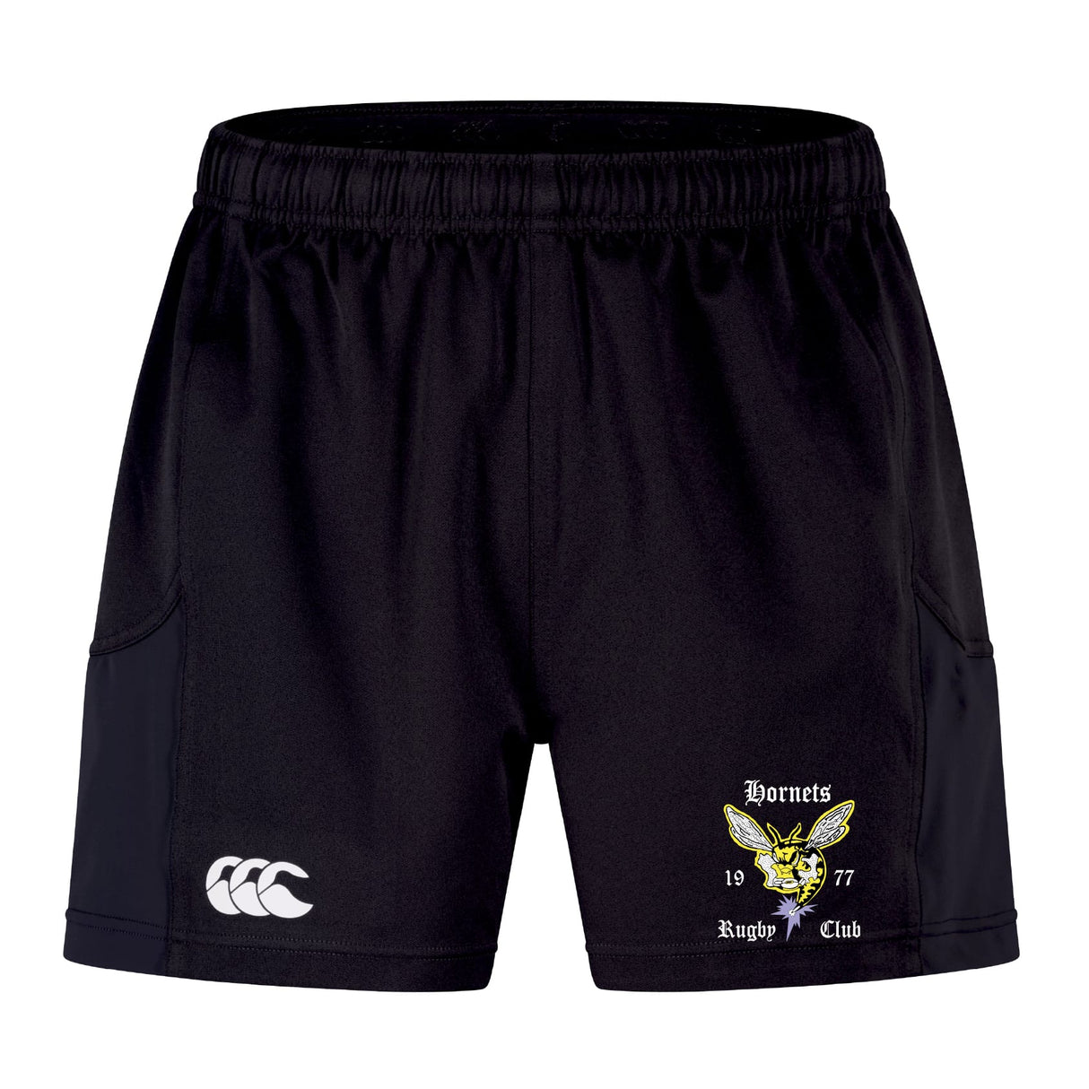 The Hornets Rugby Club Advantage Short 2.0 by EMB Canterbury is a black sustainable performance short with the Canterbury logo and a yellow hornet emblem plus "Hornets Rugby Club 1977" on the right leg, designed in the classic Advantage 2.0 style.