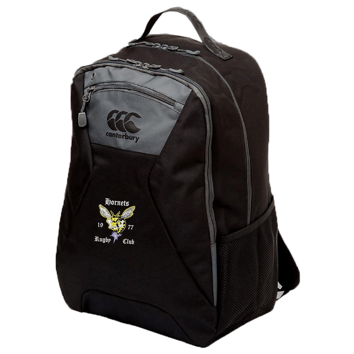 The Hornets Rugby Club Medium Backpack by EMB Canterbury has gray accents, a front "Hornets Rugby Club" logo, side mesh pocket, top handle, padded laptop pocket, and is water repellent.