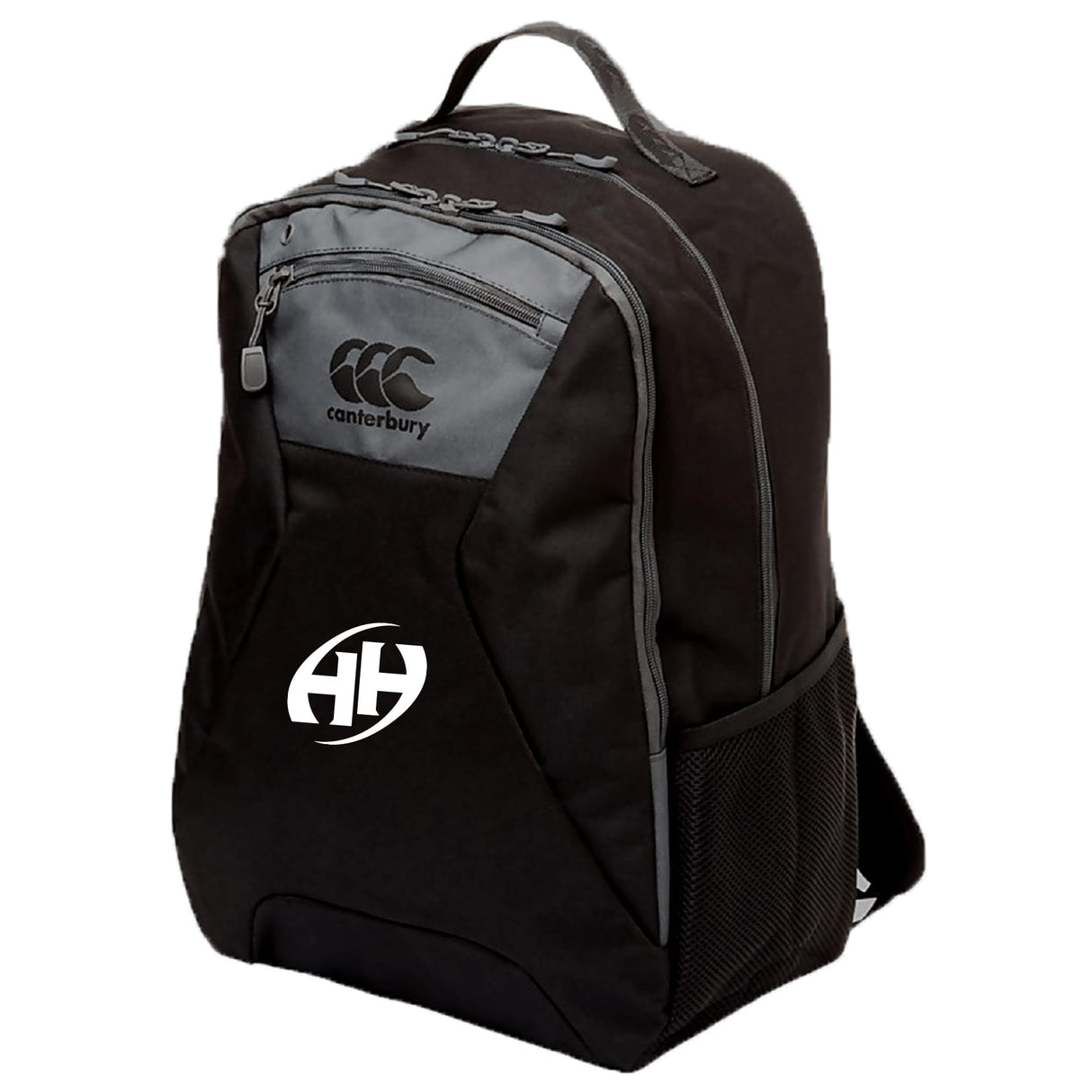 A black EMB Canterbury Clarksville Headhunters Medium Backpack with gray accents, front and side zipper pockets, mesh side pocket, padded laptop pocket, and two white logos on the front.