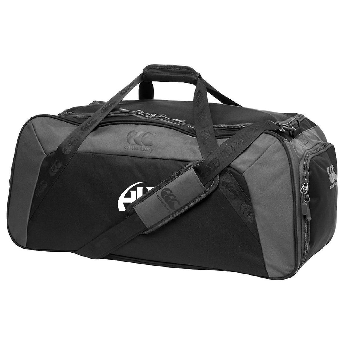 The Clarksville Headhunters Holdall Duffle Bag by EMB Canterbury is a black and gray, water-repellent bag with handles, an adjustable shoulder strap, and branded logos—ideal for carrying your gear.