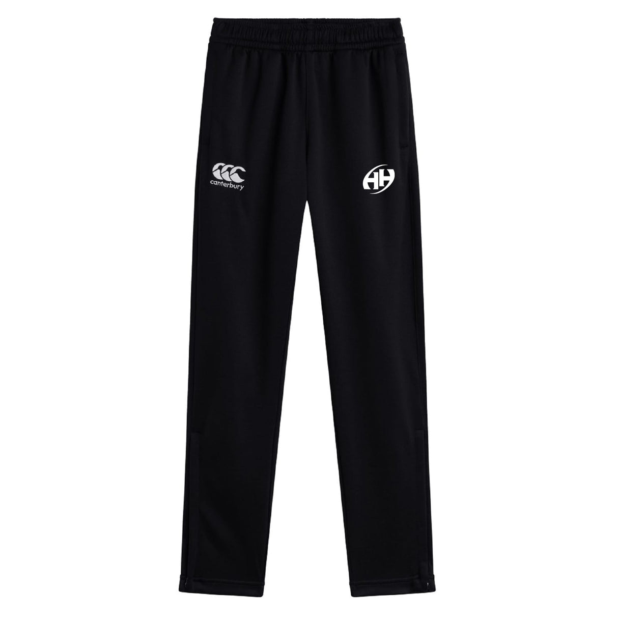 The Clarksville Headhunters Stretch Tapered Pant by EMB Canterbury features a black, quick-dry fabric, elastic waistband, small white Canterbury logo on the left thigh, and circular AH logo on the right—ideal men's workout pants.