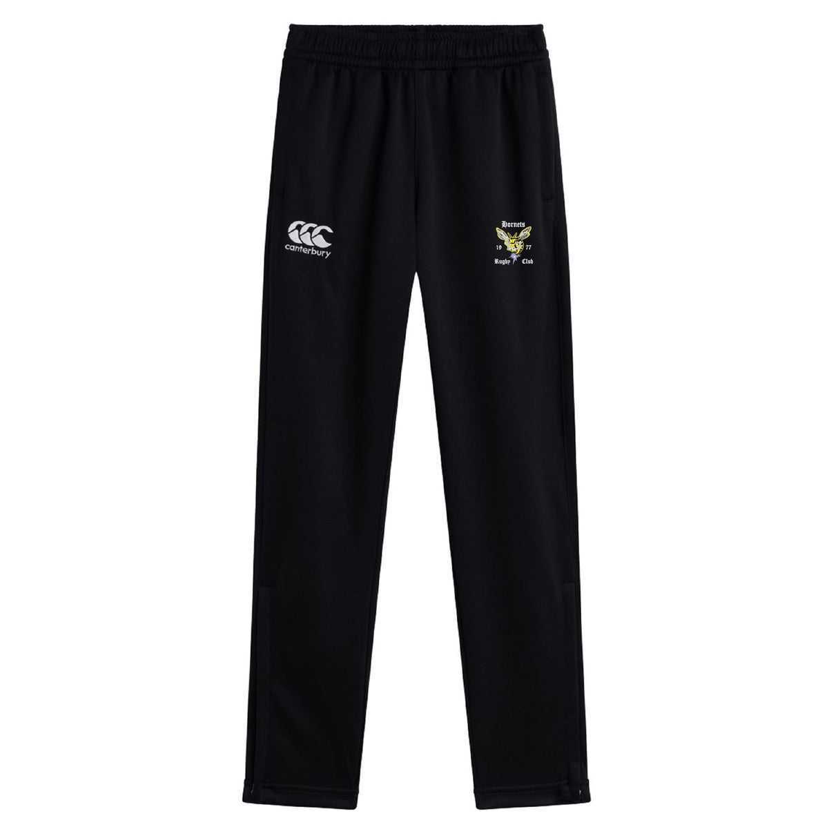 The Hornets Rugby Club Stretch Tapered Pant by EMB Canterbury features an elastic waistband, quick-dry fabric, and two embroidered logos—ideal men's workout pants—shown on a white background.