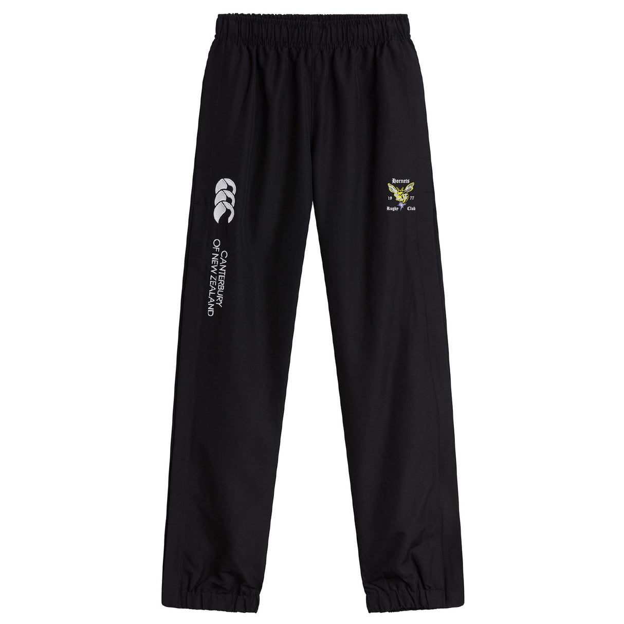 The Hornets Rugby Club Cuffed Hem Stadium Pant by EMB Canterbury features an elastic waistband, cuffed hem, club logo, and Canterbury branding—ideal for stadium wear.
