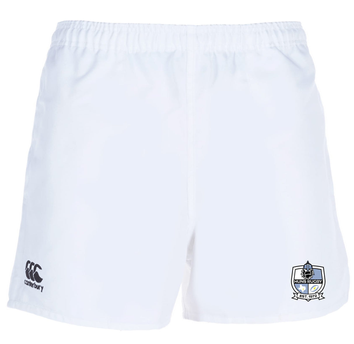 The Austin Huns Rugby Professional Polyester Rugby Short by EMB Canterbury features an elastic waistband, Canterbury logo on the left leg, "Nuns Rugby" crest on the right leg, and convenient pockets.