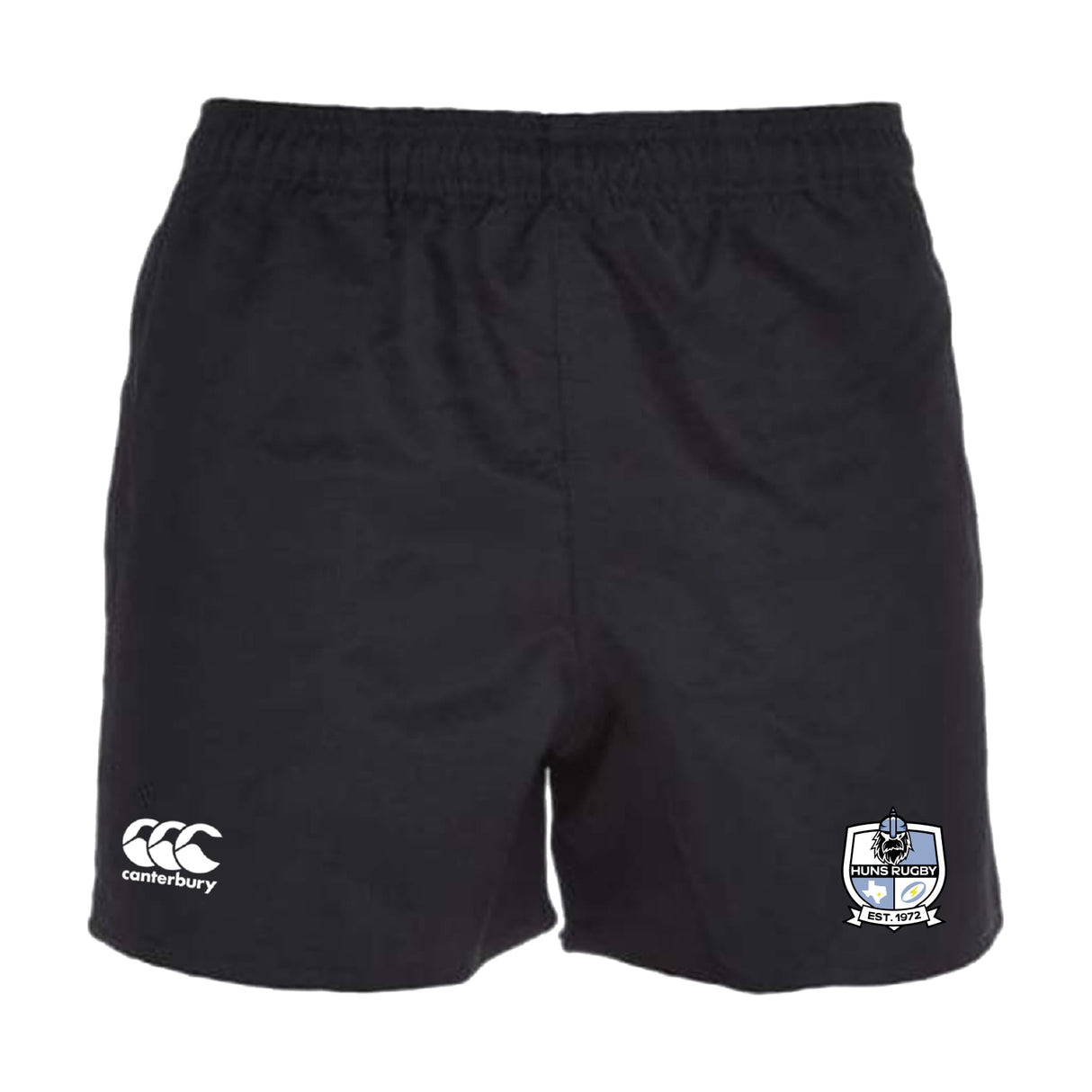 The Austin Huns Rugby Professional Polyester Rugby Short by EMB Canterbury features an elastic waistband, durable pockets, the Canterbury logo on the left leg, and the Austin Huns crest on the right for comfort and performance.