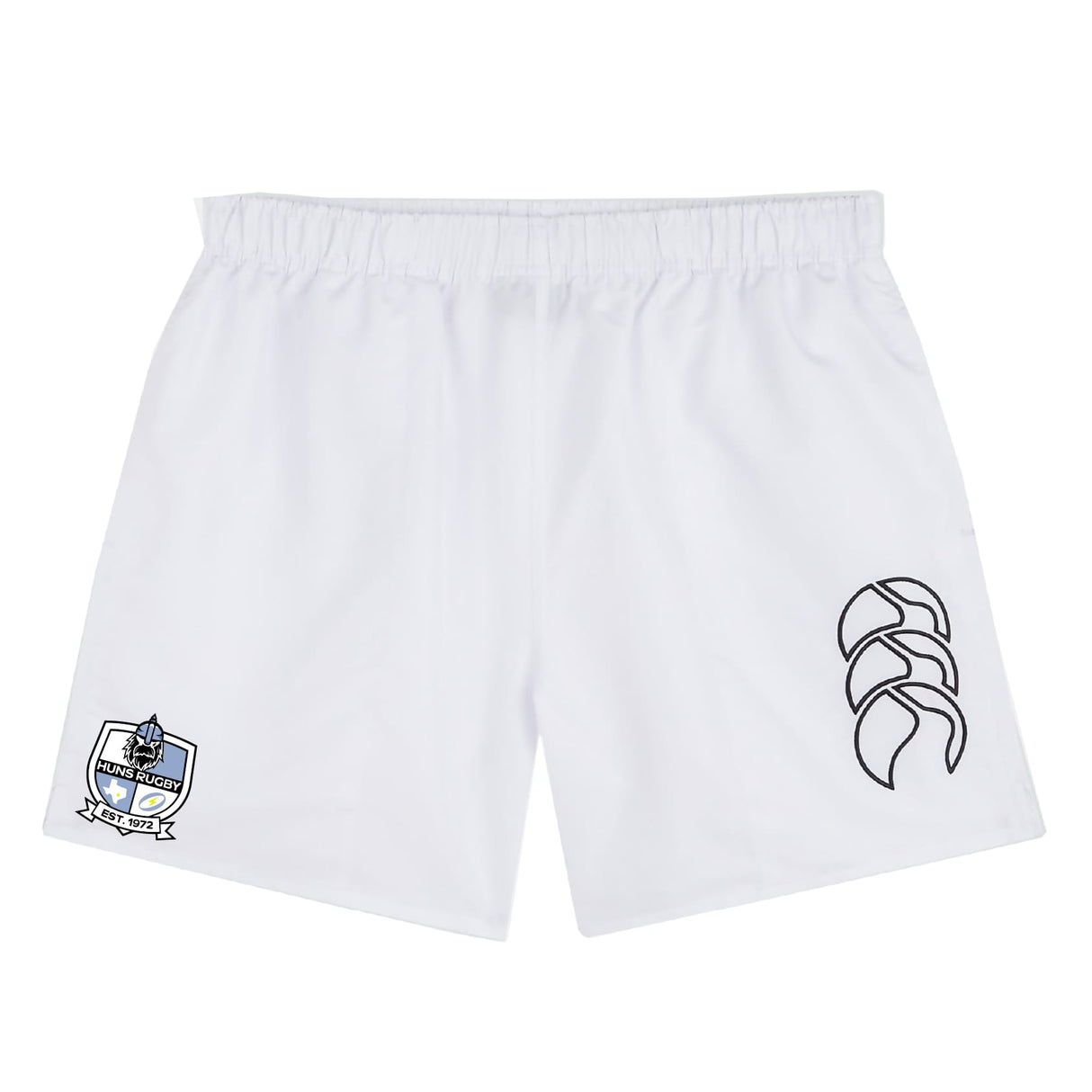 The Austin Huns Rugby Tactic Short by EMB Canterbury features an embroidered logo on the left leg and a black curved emblem on the right, shown against a white background—perfect as men's gym or rugby shorts.