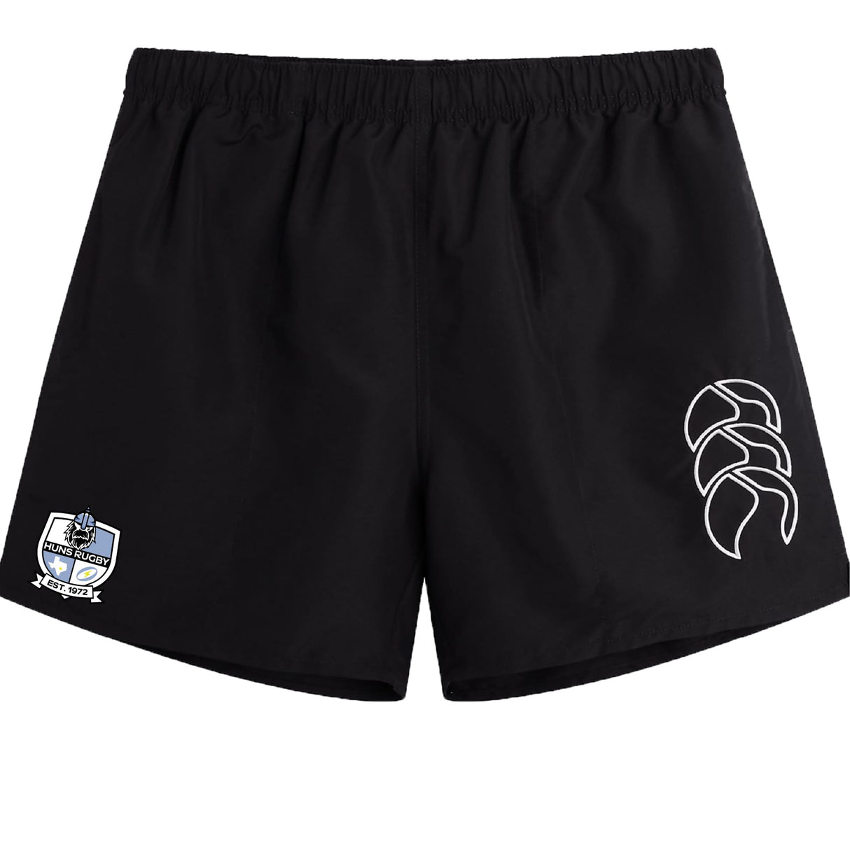 The Austin Huns Rugby Tactic Short by EMB Canterbury features a white logo on the left leg and a blue, black, and white badge with text on the right—versatile men's gym or rugby shorts perfect for active wear.