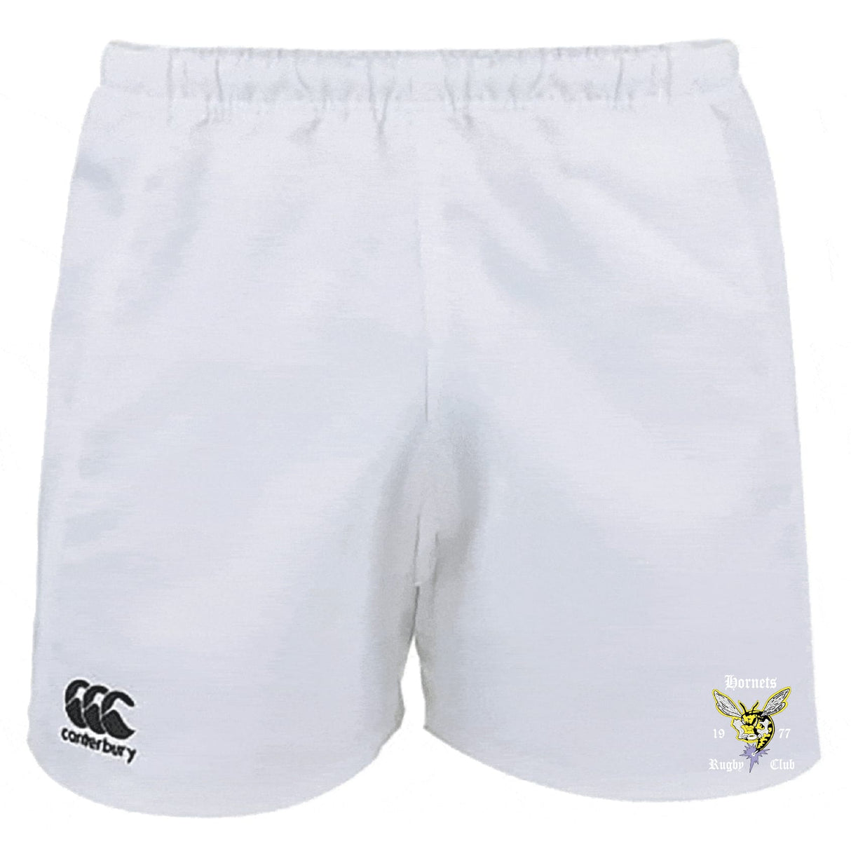 The Hornets Rugby Club Advantage Rugby Shorts by EMB Canterbury feature a black Canterbury logo on the left leg, a yellow Hornets emblem on the right, and moisture-wicking fabric for comfort on and off the field.