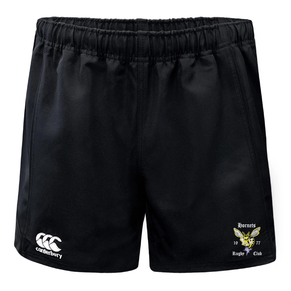 The Hornets Rugby Club Advantage Rugby Shorts by EMB Canterbury feature an elastic waistband, moisture-wicking fabric, the Canterbury logo on the left leg, and the Hornets Rugby Club emblem on the right.