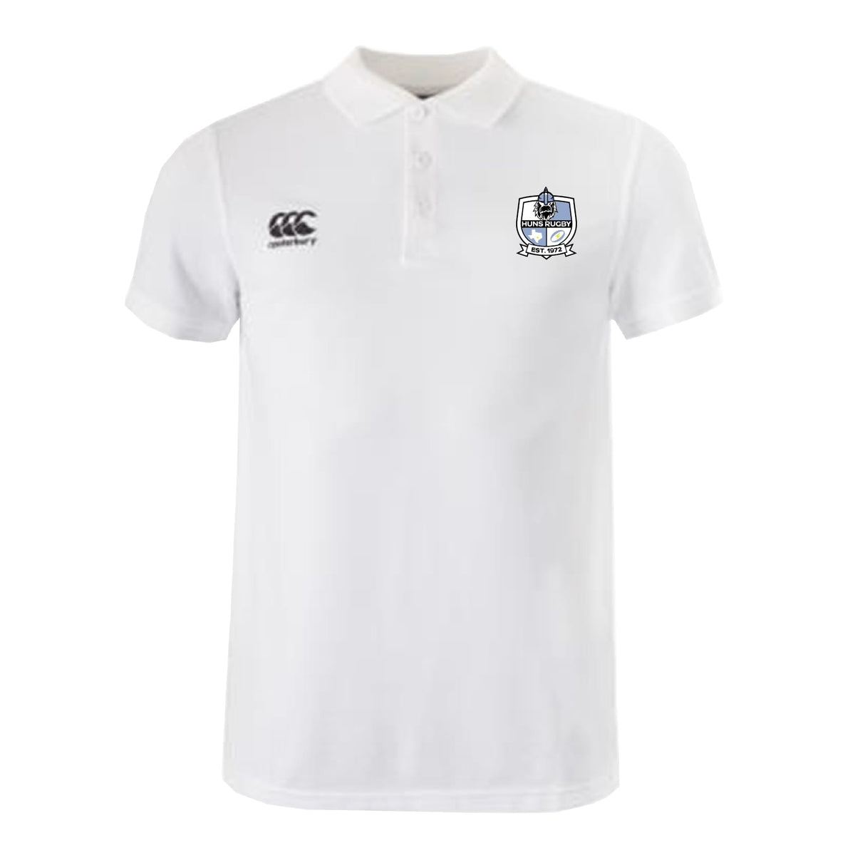 The Austin Huns Rugby Waimak Polo by EMB Canterbury features short sleeves, the CCC logo on the right chest, and a blue and black school crest on the left—a top choice for any rugby fan's shirt collection.