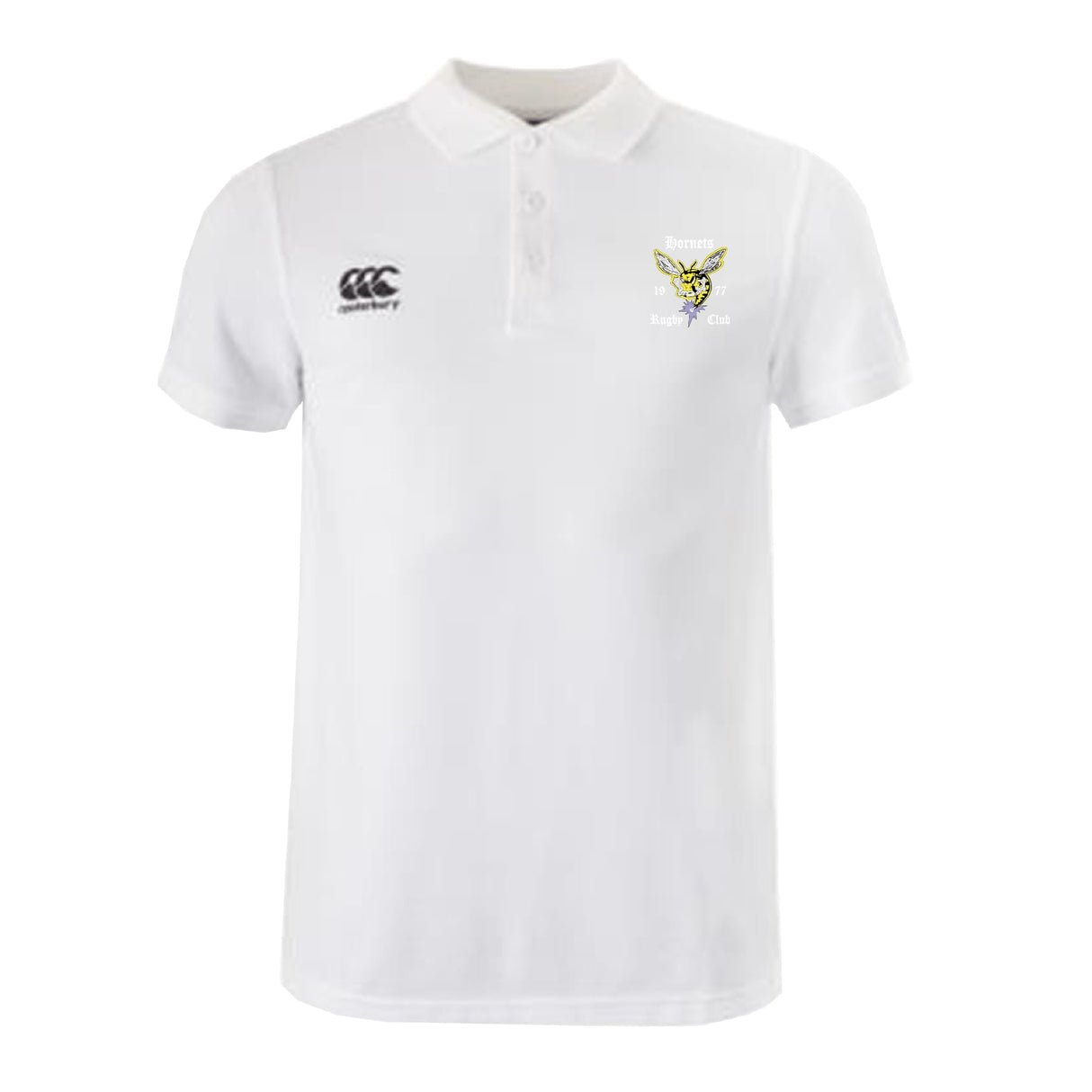 The Hornets Rugby Club Waimak Polo by Canterbury features the iconic CCC logo on the right chest and a club crest with text on the left—perfect for rugby fans. Brand: EMB Canterbury.