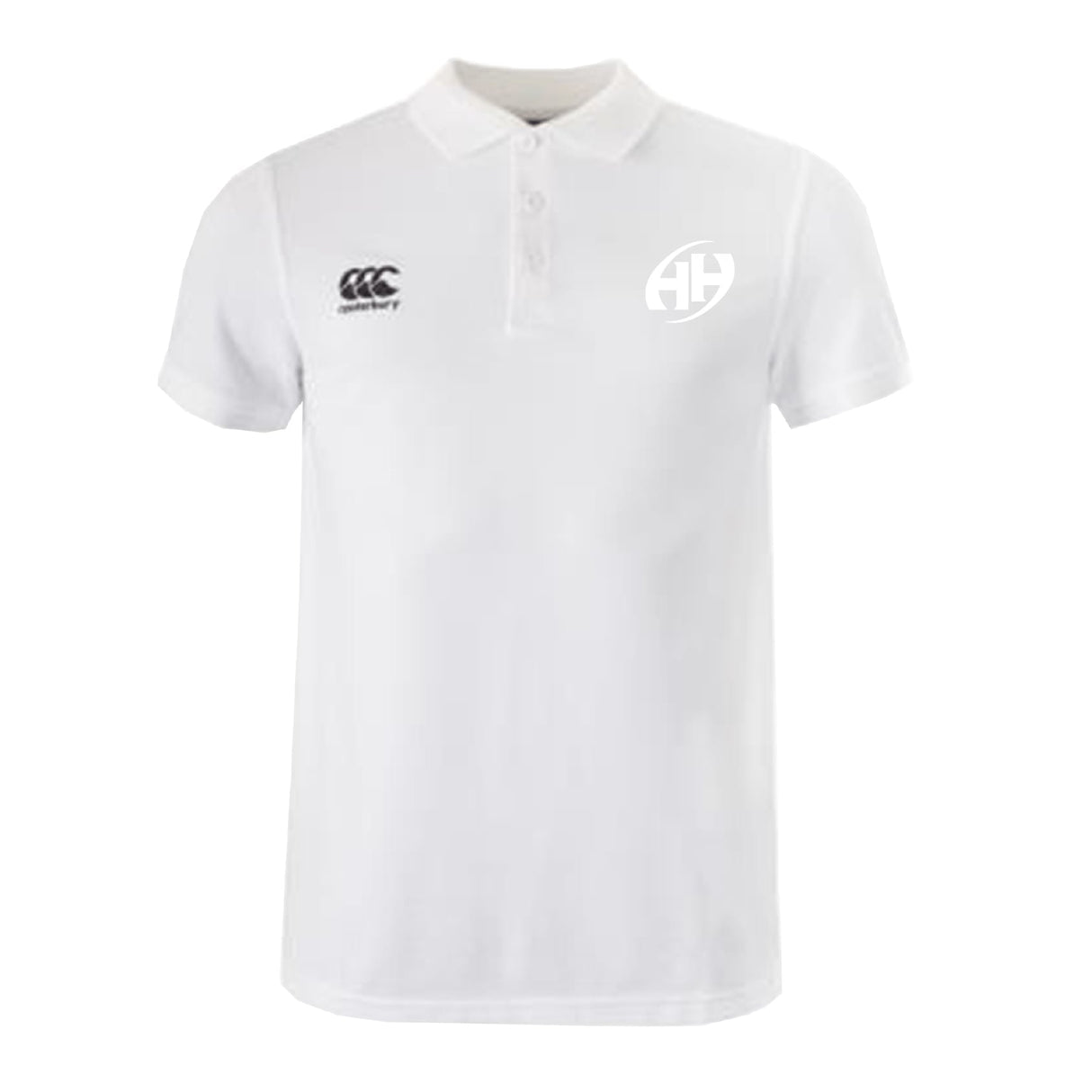 The Clarksville Headhunters Waimak Polo by EMB Canterbury is a white short-sleeve rugby polo with chest buttons and two black logos—perfect men's rugby fan apparel.