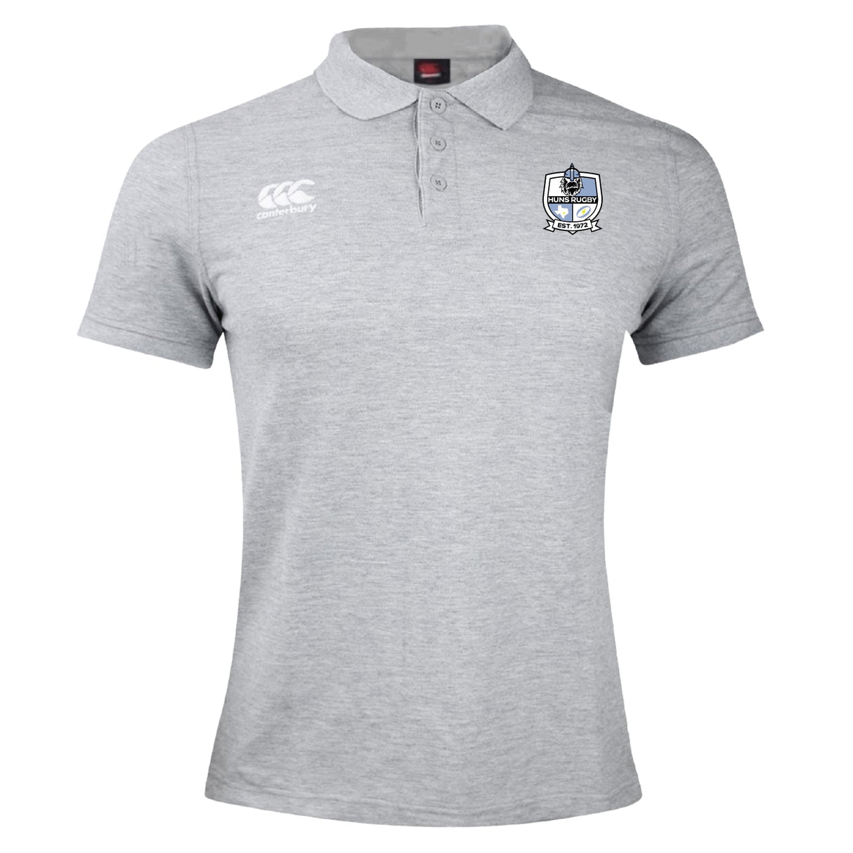 The Austin Huns Rugby Waimak Polo by EMB Canterbury is a light grey short-sleeve shirt with a buttoned collar, left chest logo, and right-side Canterbury branding—ideal for any rugby fan’s collection.
