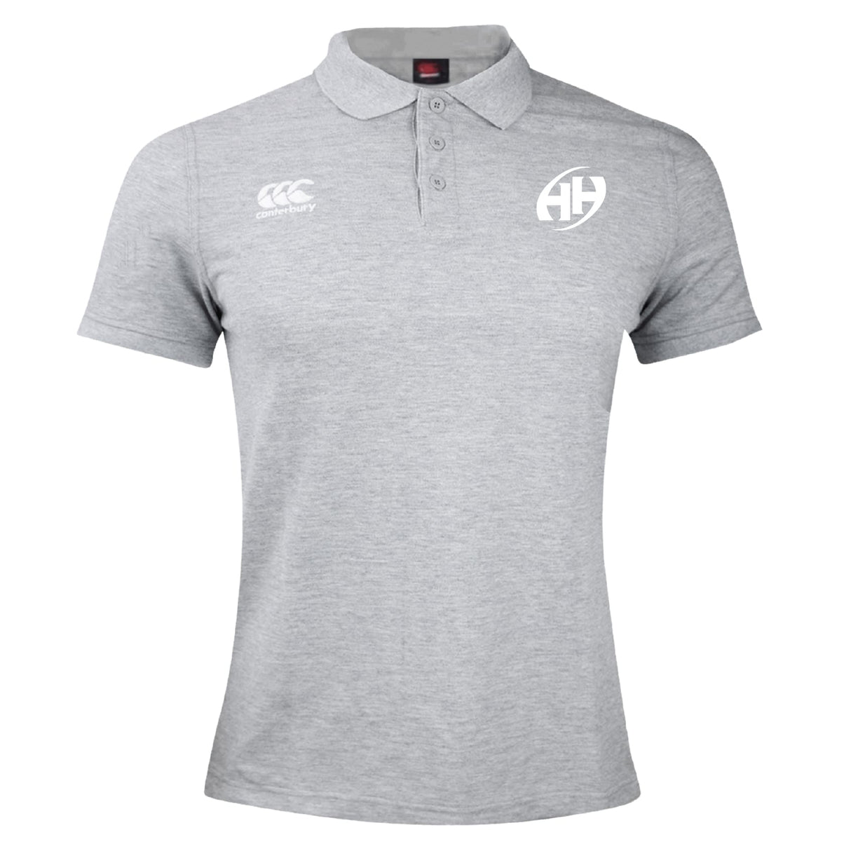 The Clarksville Headhunters Waimak Polo by EMB Canterbury is a light grey men's polo with a collar, three buttons, and features white Canterbury and HH logos on the chest—ideal for rugby fans.
