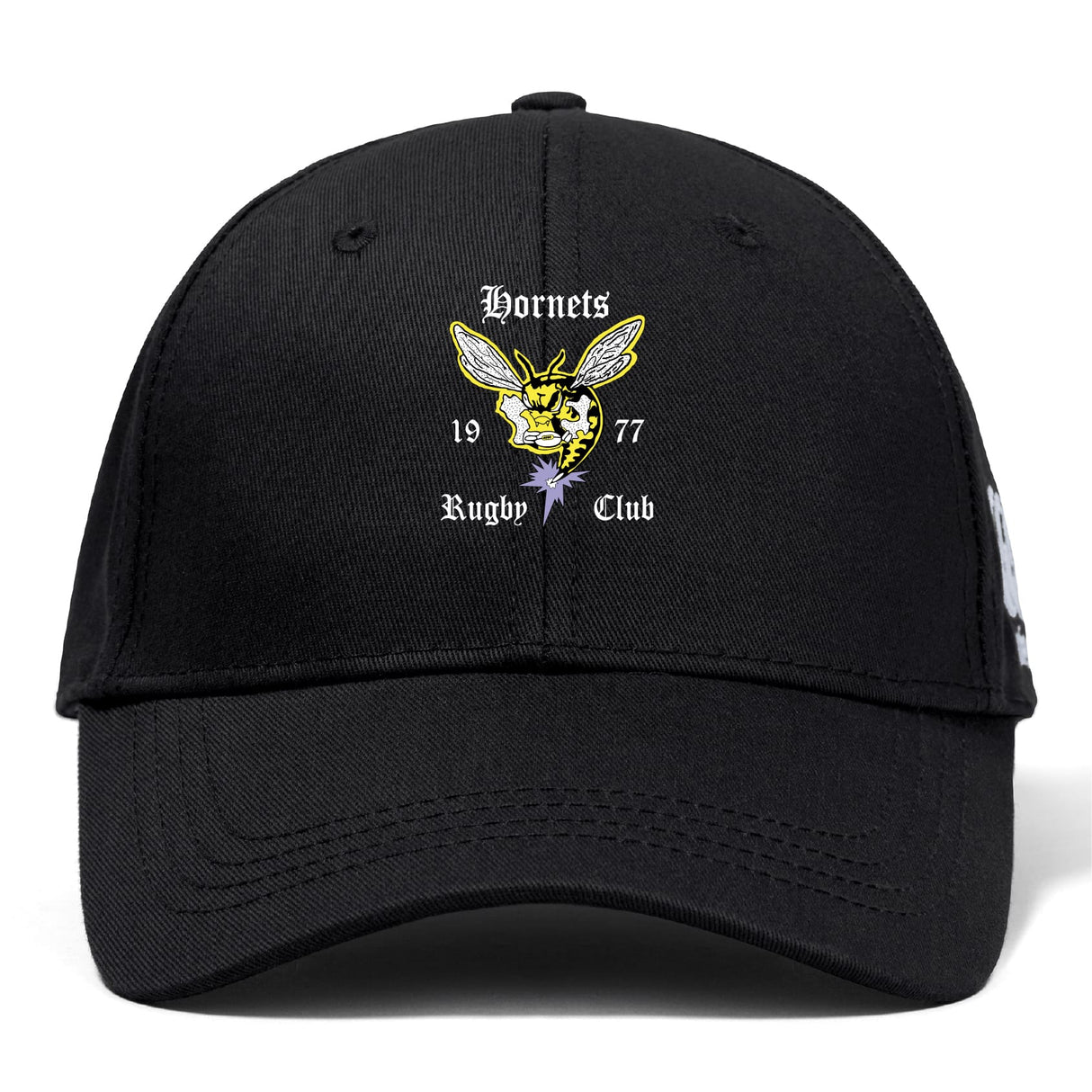 The Hornets Rugby Club Flexfit Drill Cap by EMB Canterbury features an embroidered hornet logo and "Hornets Rugby Club 1977" on the front, blending comfort with classic Canterbury style.
