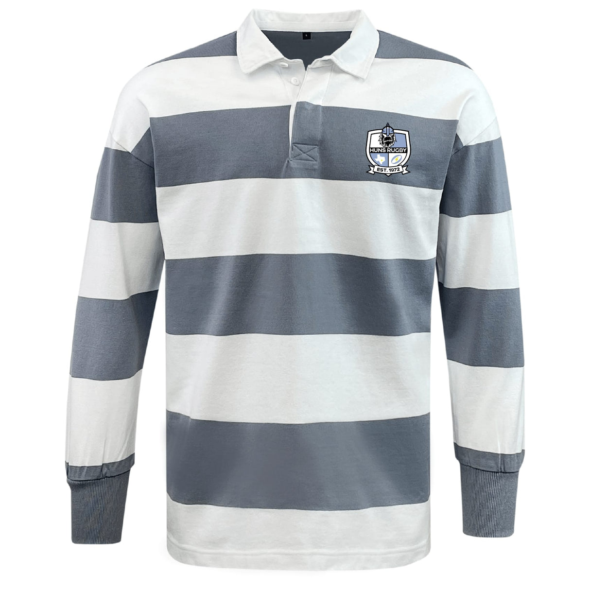 The EMB Mudoo Austin Huns Rugby Classic Long Sleeve Hooped Rugby Jersey features wide white and gray stripes, a collar, button placket, and embroidered crest on the left chest for a timeless rugby style.