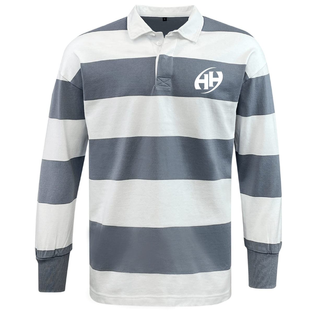 The EMB Mudoo Clarksville Headhunters Classic Long Sleeve Hooped Rugby Jersey features bold navy and white stripes with a white “AH” logo on the chest—ideal for fans of vintage rugby shirt style.