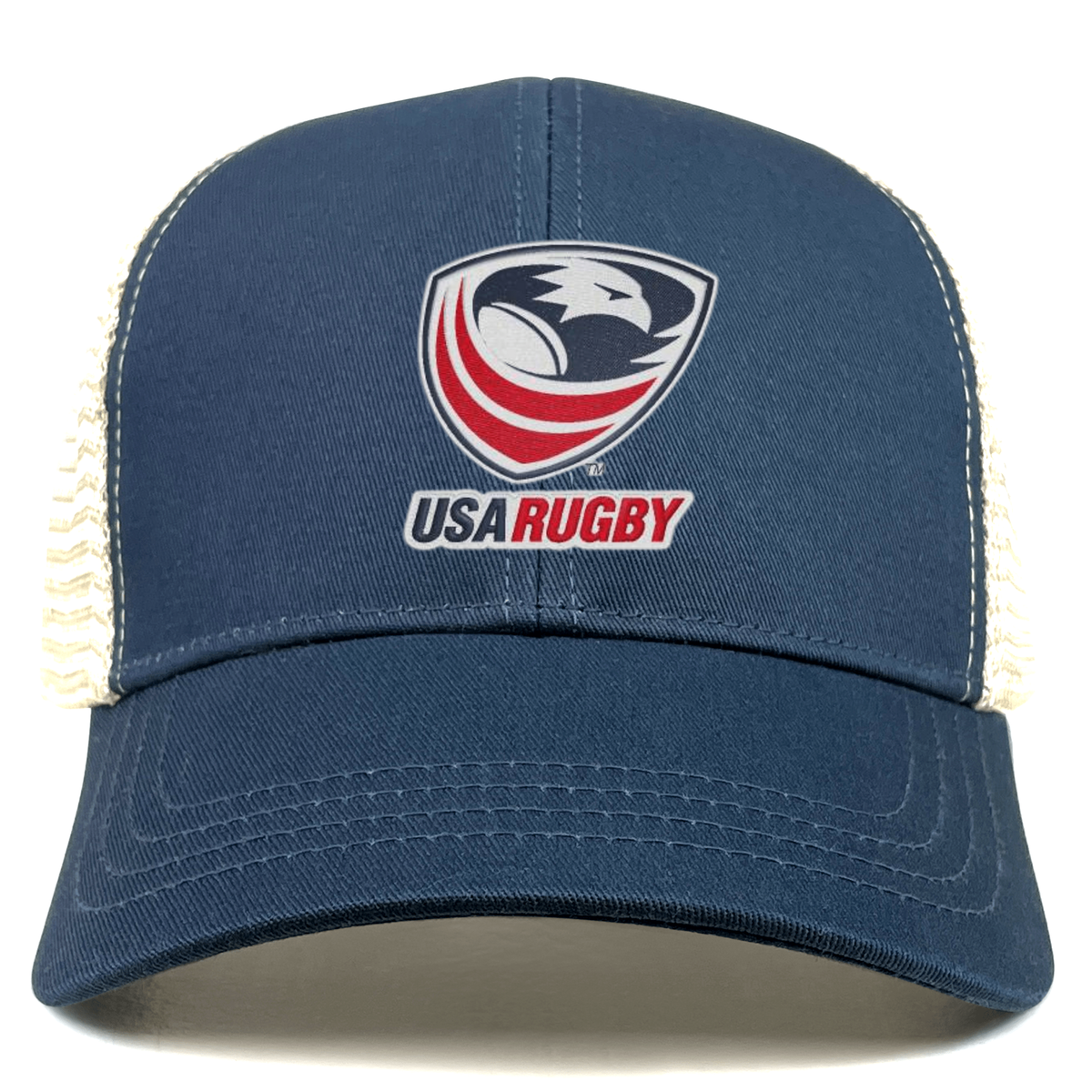 The USA Rugby Eco Trucker Cap by EMB S&S Activewear is a navy blue hat with a white mesh back, featuring the USA Rugby logo and text—an eco-friendly choice perfect for fans.
