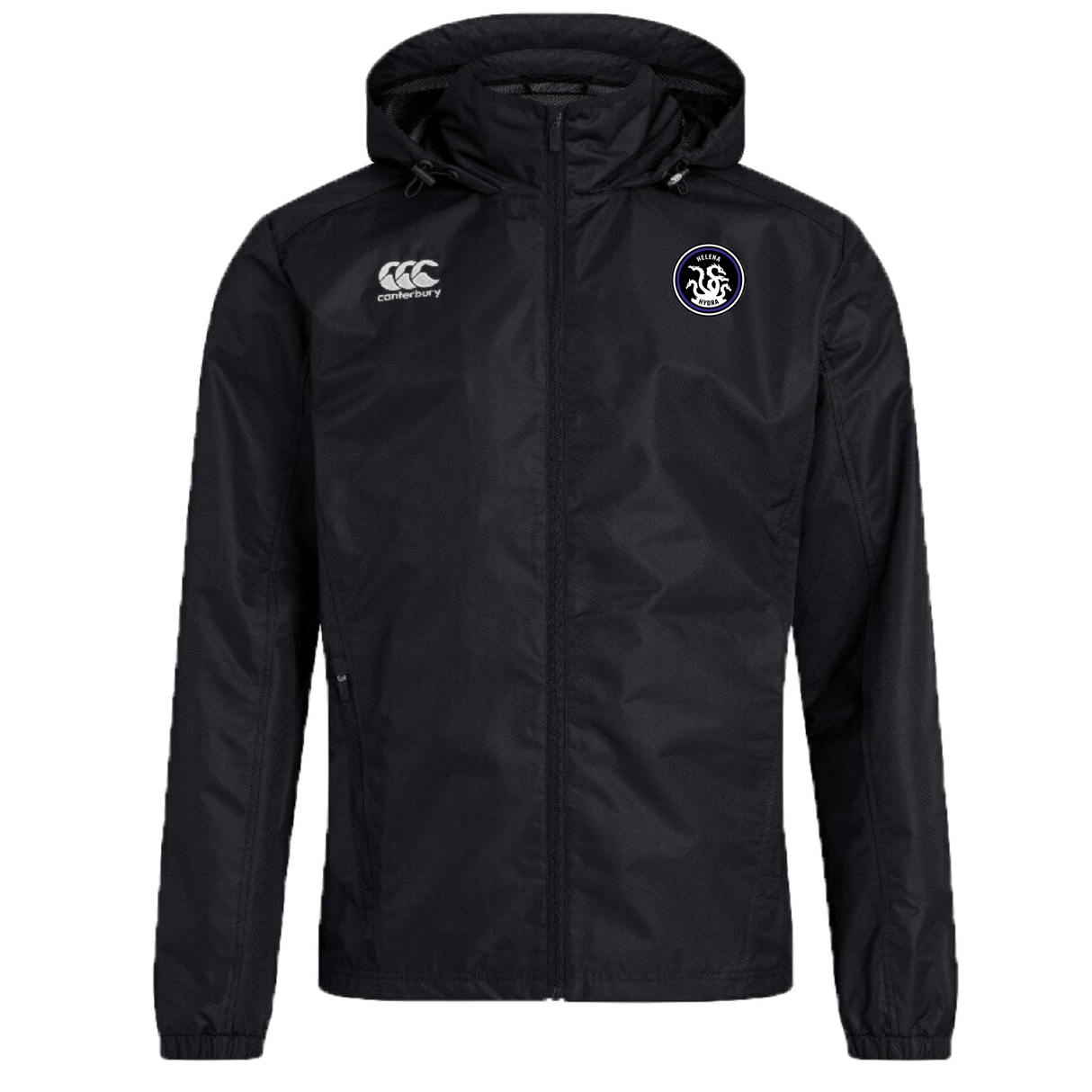 The EMB Canterbury Helena Youth Rugby Club Vaposhield Full Zip Rain Jacket features a black hood, raised logo on the left chest, "CCC" on the right chest, VapoShield for water resistance, and zippered front and side pockets.
