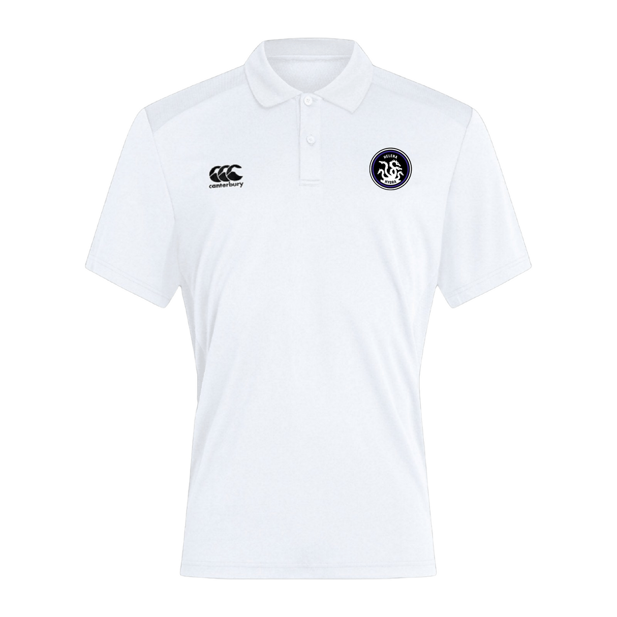 The Helena Youth Rugby Club Dry Polo by EMB Canterbury in white features a Canterbury logo on the right chest and a circular emblem on the left, made with breathable Vapodri Technology for enhanced comfort.