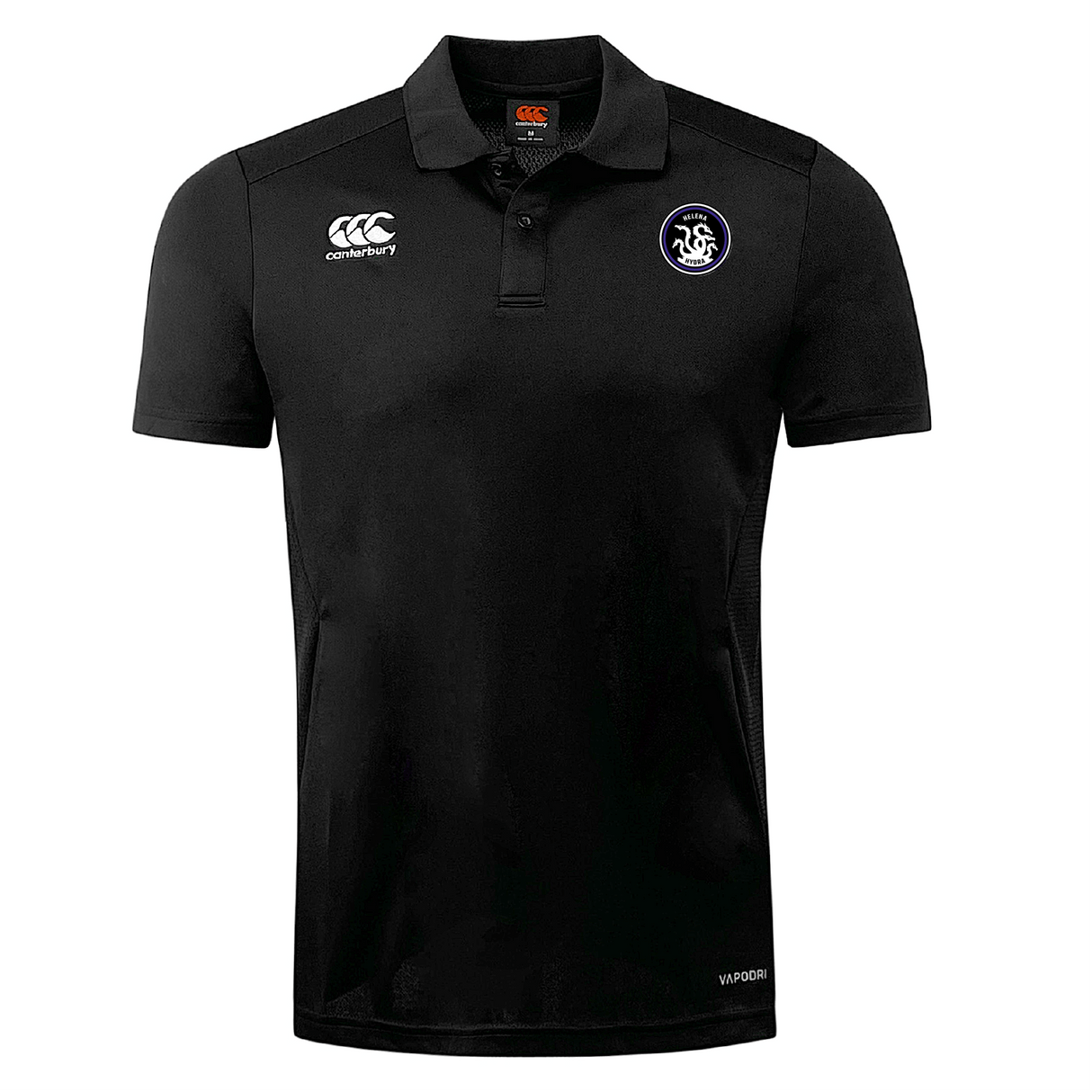 The Helena Youth Rugby Club Dry Polo by EMB Canterbury is a black, breathable short-sleeve polo featuring Vapodri Technology for comfort, with a white Canterbury logo on the right chest and a circular emblem on the left chest.