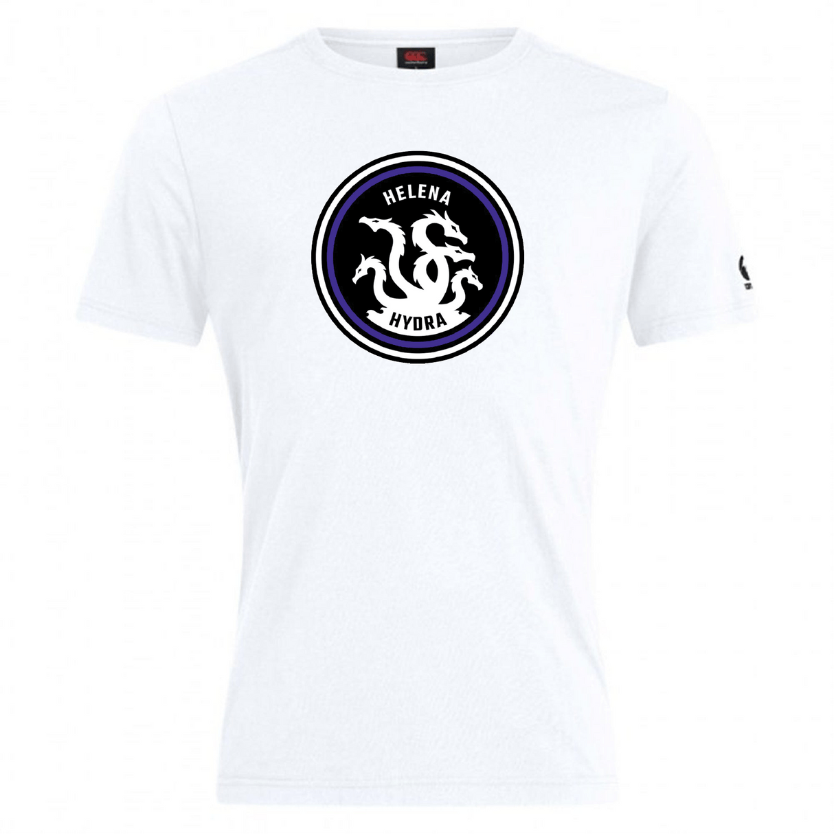 Explore the Helena Youth Rugby Club Plain Tee by WRS Canterbury, a white cotton-rich T-shirt. It boasts a bold black circle design with "HELENA HYDRA" and a multi-headed creature illustration.