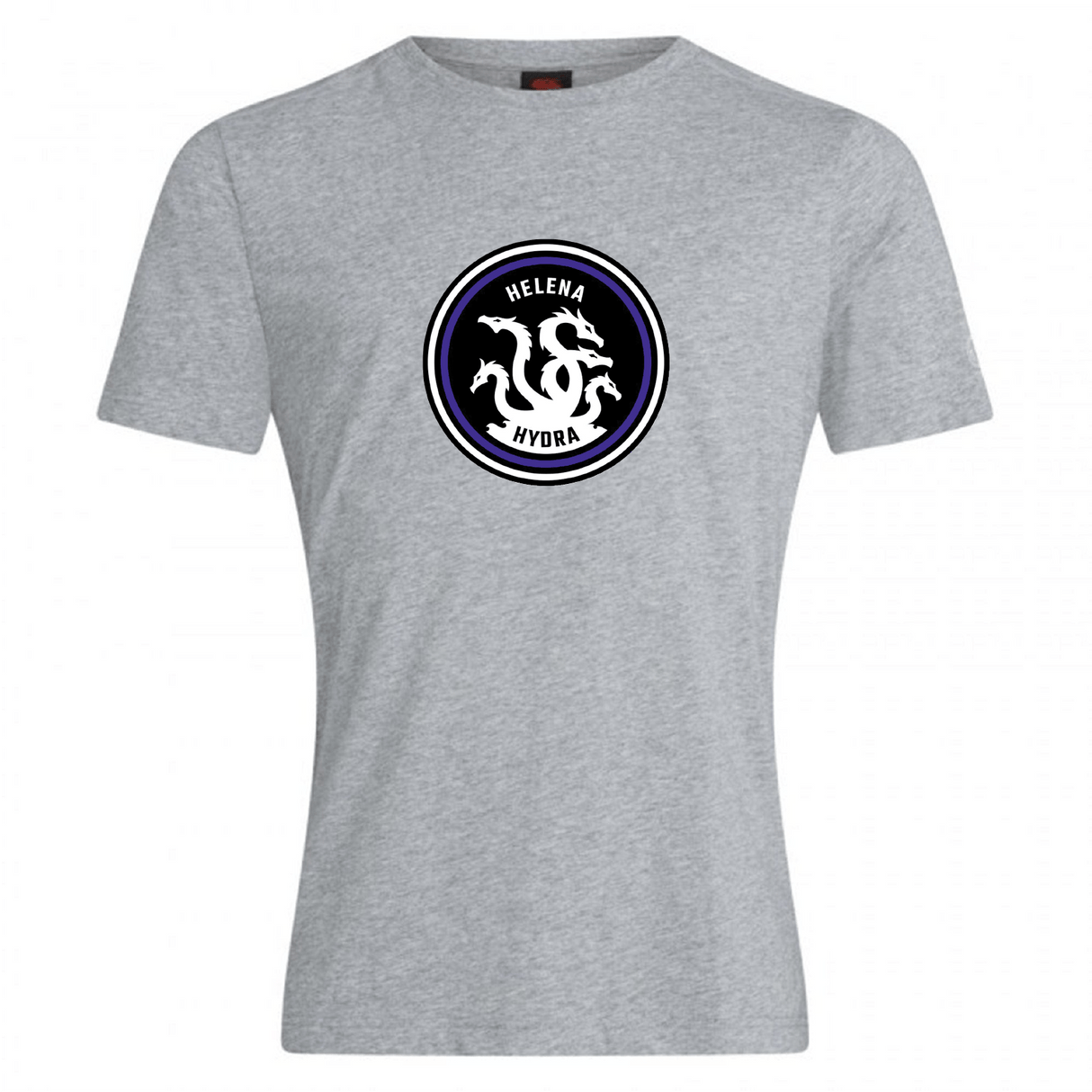 The Helena Youth Rugby Club Plain Tee by WRS Canterbury features a cotton-heavy blend with a circular logo, text "Helena Hydra," and a multi-headed serpent illustration, offering comfort and style.