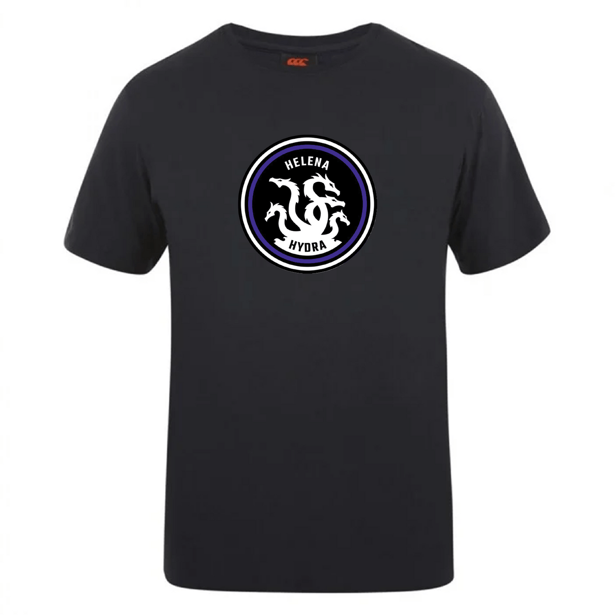 The Helena Youth Rugby Club Plain Tee by Canterbury, a black cotton-heavy blend from WRS Canterbury, features a circular logo with "Helena Hydra" and a bold white hydra design, ideal for CCC Club members.