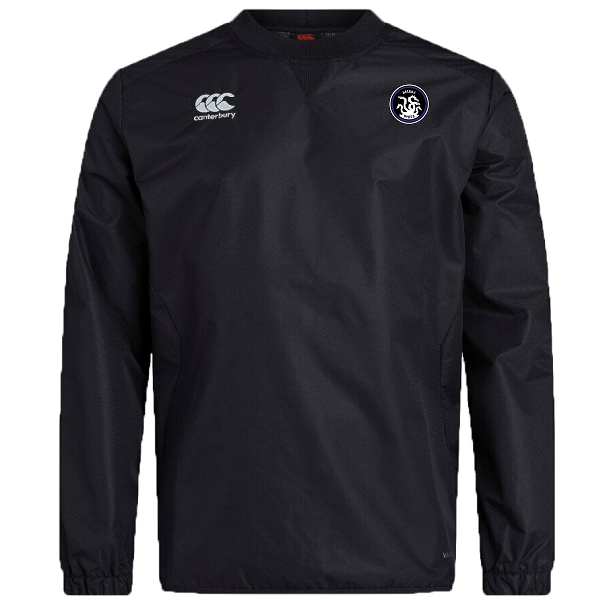 The Helena Youth Rugby Club Vaposhield Contact Top by EMB Canterbury is a black long-sleeve shirt featuring the Canterbury and lion circle logos on the chest, made from Micro Diamond ripstop fabric for enhanced durability.
