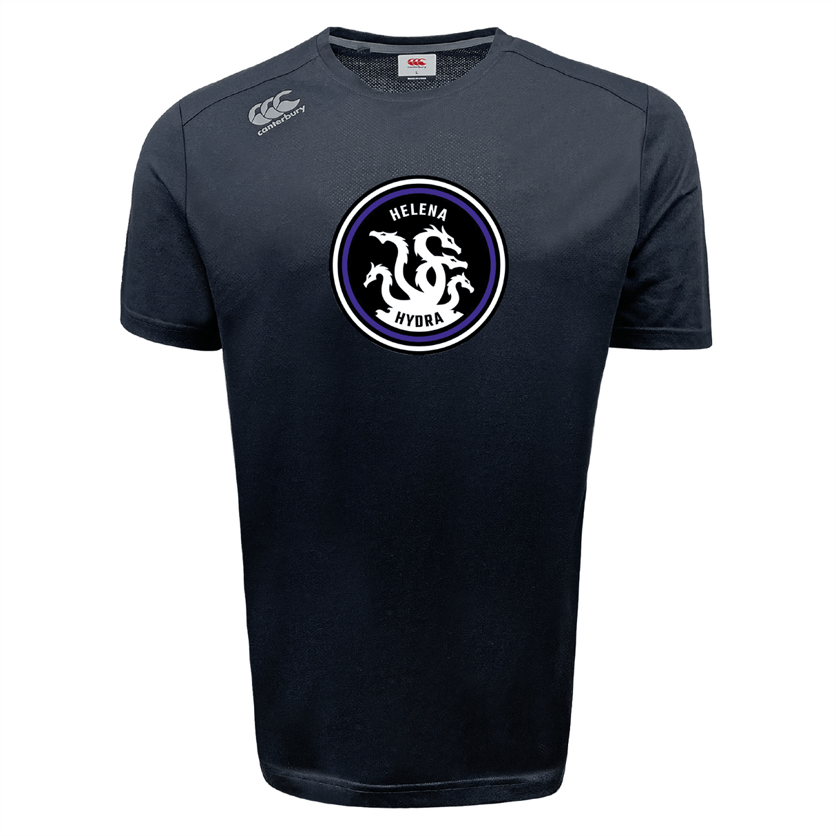 The Helena Youth Rugby Tempo Vapodri T-Shirt by WRS Canterbury is a black tee with a white three-headed hydra emblem and "Helena Hydra" text, featuring VapoDri technology for optimal moisture-wicking.