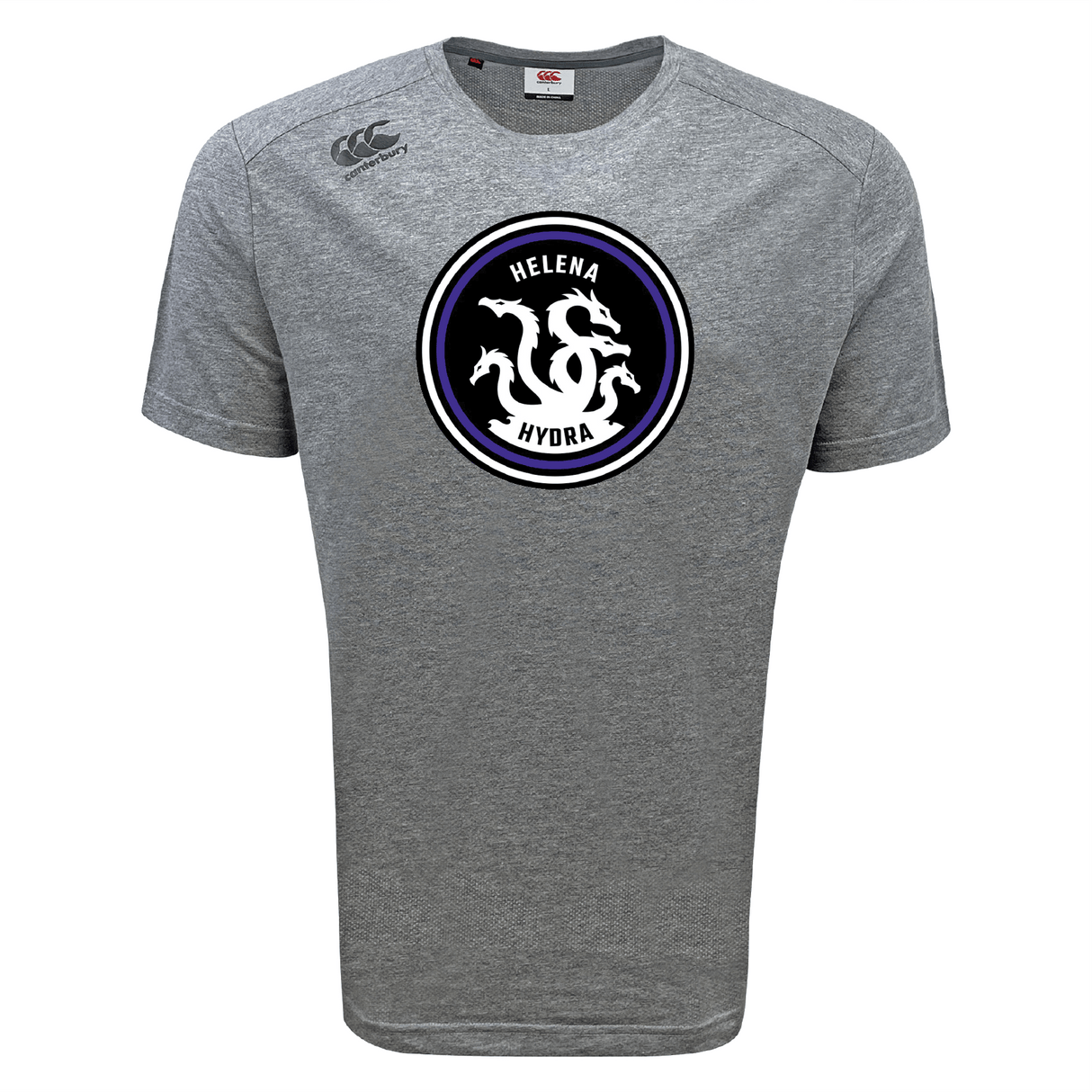 Gray "Helena Youth Rugby Tempo Vapodri T-Shirt" by WRS Canterbury includes a round emblem with "HELENA HYDRA" and hydra graphic at its center. As a sports tee with VapoDri tech, it offers excellent moisture-wicking performance. The logo is on the upper left.