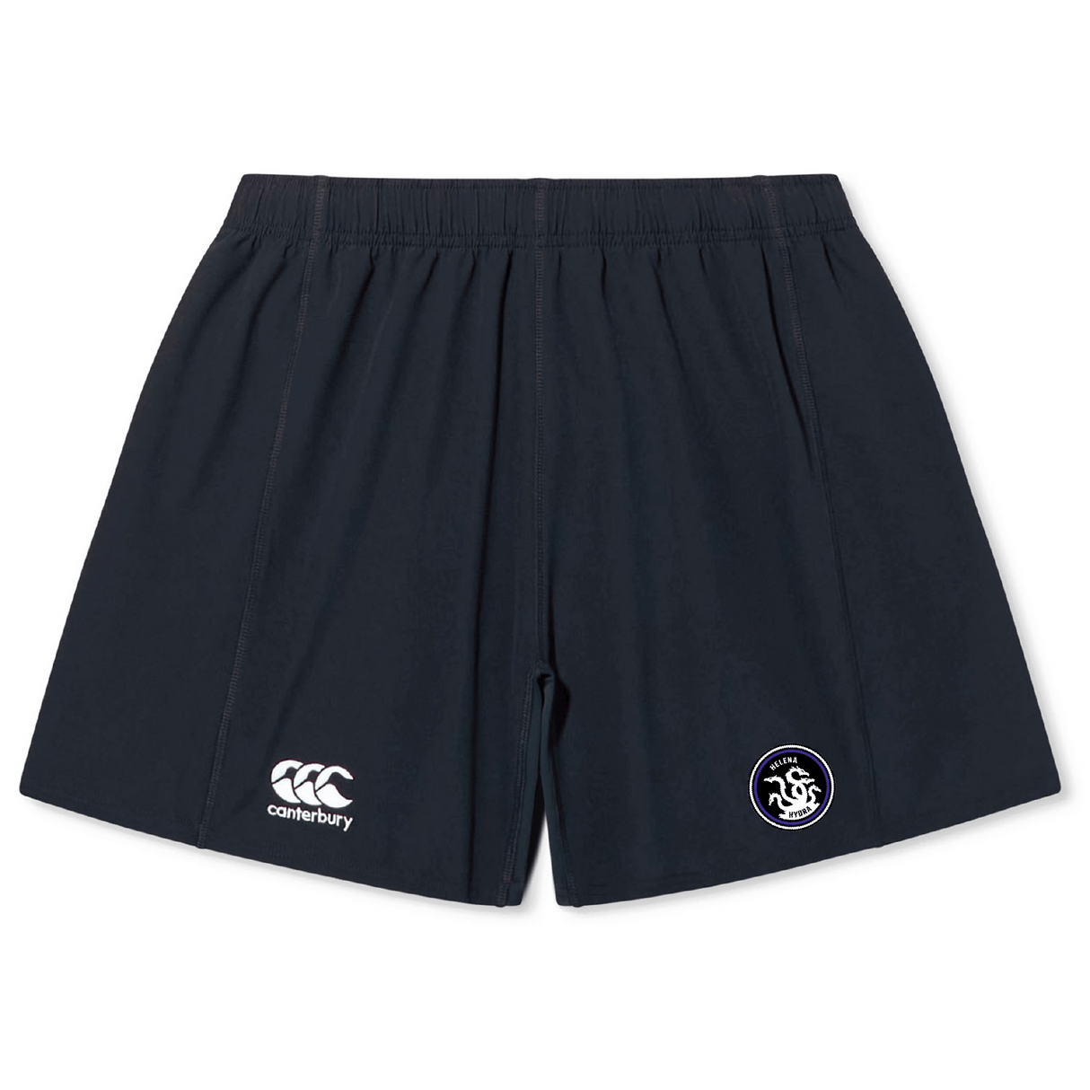 Helena Youth Rugby Yokohama Shorts by EMB Canterbury feature an elastic waistband, the iconic Canterbury logo, and a circular emblem on the hem.