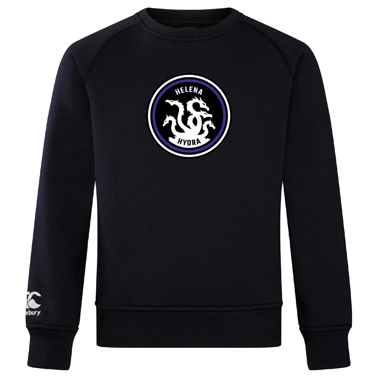 The ultra-soft Helena Youth Rugby Club Crew Sweatshirt by WRS Canterbury features a circular "Helena Hydra" logo with two intertwined serpents, and has an embroidered CCC logo on the left sleeve.