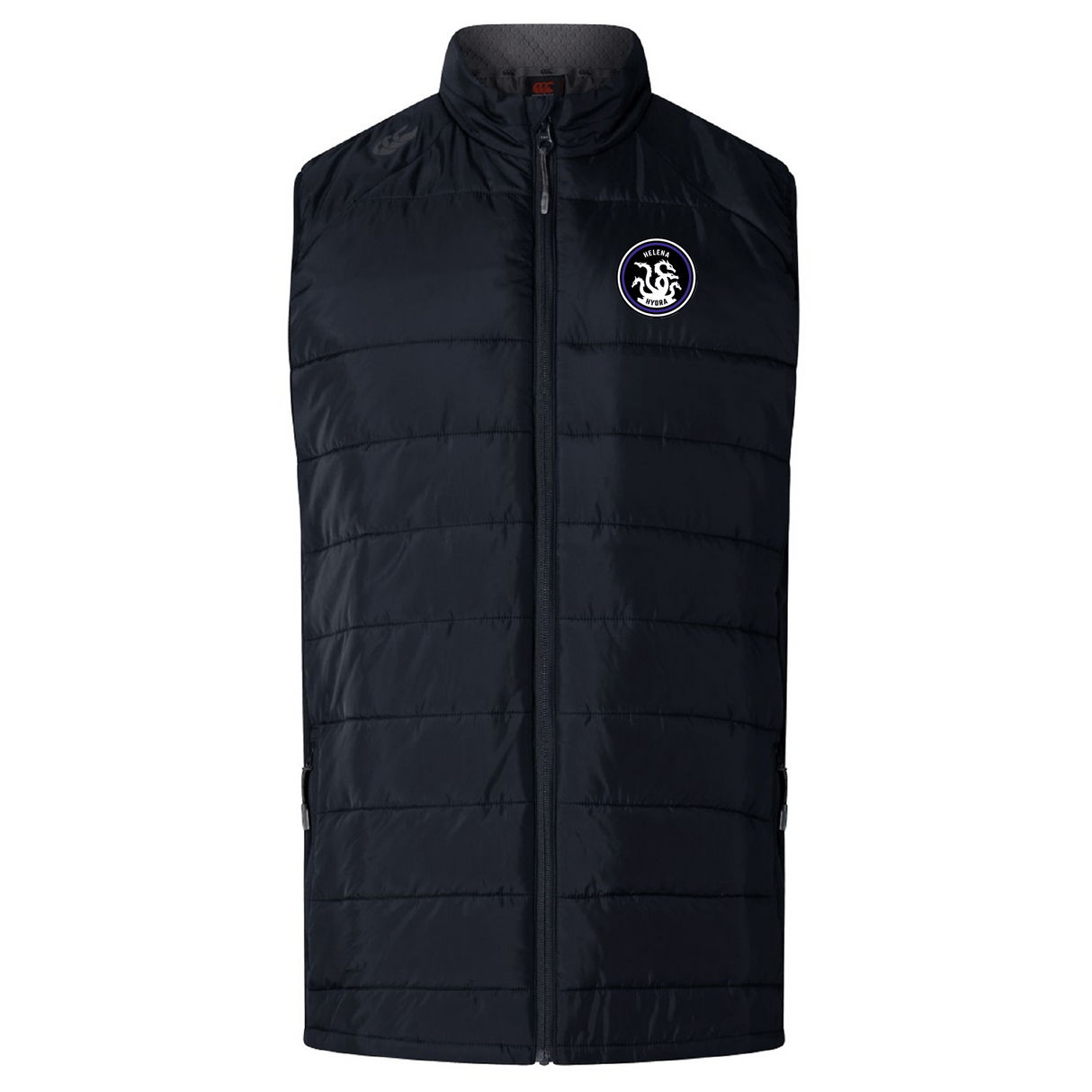 A navy Elite Microlite Gilet by EMB Canterbury, designed for youth rugby, features insulated baffles, a high collar, a front zipper, and a white circular logo on the upper chest.