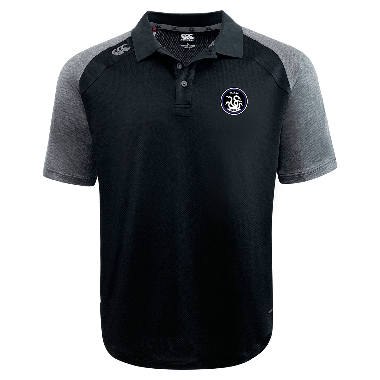 The Helena Youth Rugby Elite Polo by EMB Canterbury is a black and gray shirt with a CCC logo on the chest, collar, and short sleeves. Made with Vapodri fabrics, this lightweight polo ensures all-day comfort.