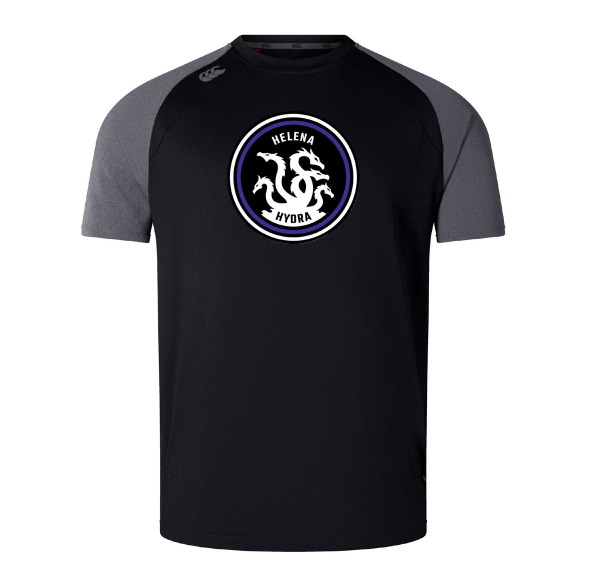 The Helena Youth Rugby Elite Training Tee by WRS Canterbury features gray sleeves, a CCC logo, and a three-headed hydra with "Helena Hydra" on the front. Made with Vapodri fabrics for performance and comfort.