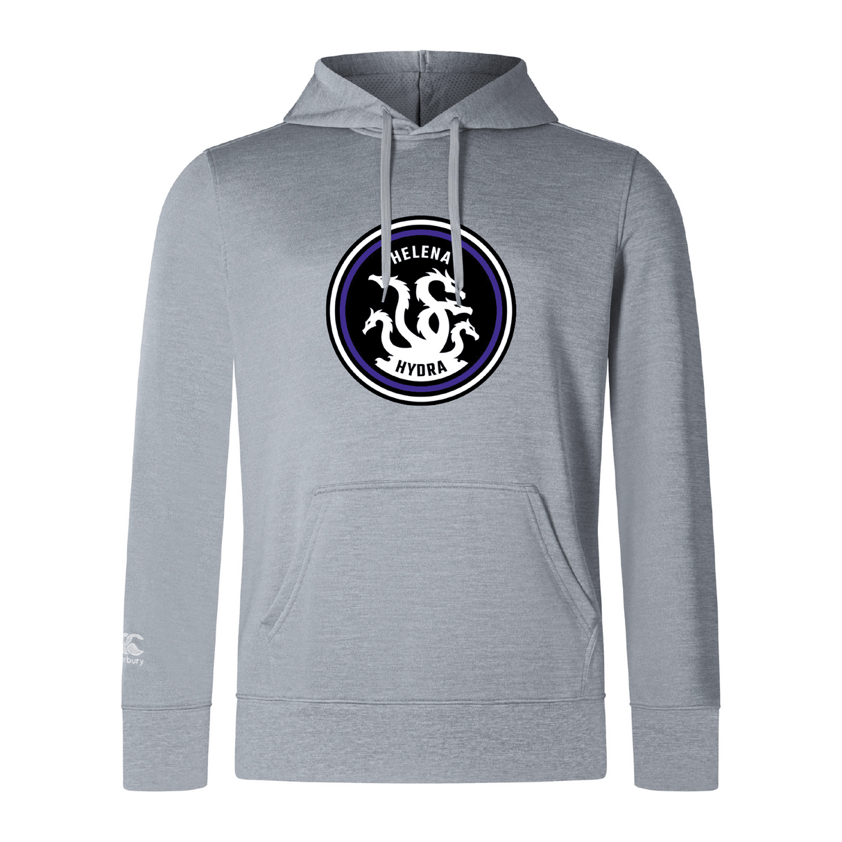 Lightweight gray hoodie by WRS Canterbury, the "Helena Youth Rugby Club Lightweight Hoodie," featuring a "Helena Hydra" logo with a stylized hydra emblem on the chest and a convenient kangaroo pocket.